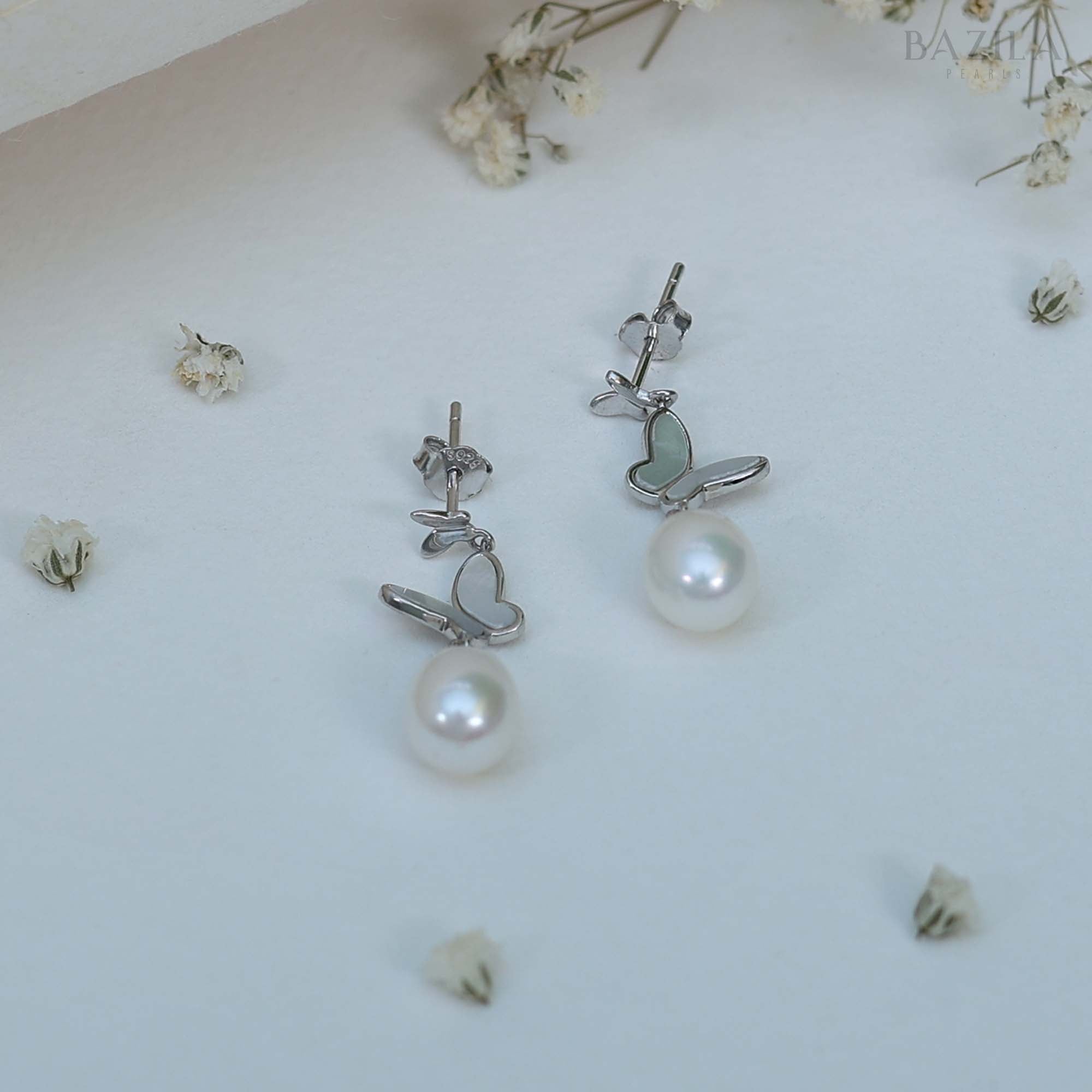 Silver Butterfly & Ivory Pearl Dangle Earrings