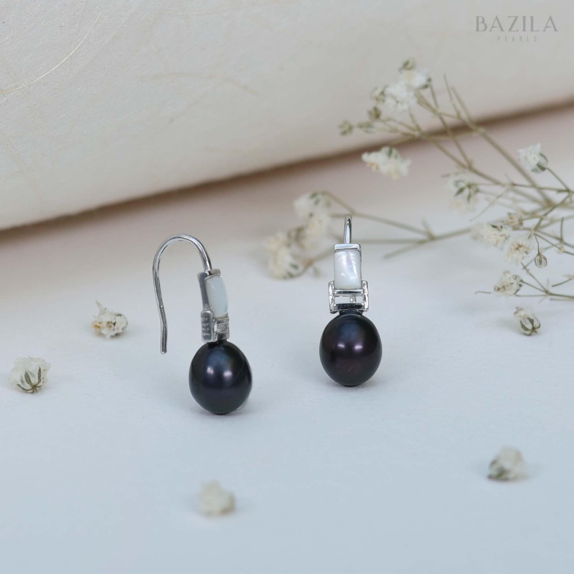 Timeless Black Freshwater Pearl Earrings Set in Sterling Silver with Mother-of-Pearl Detailing