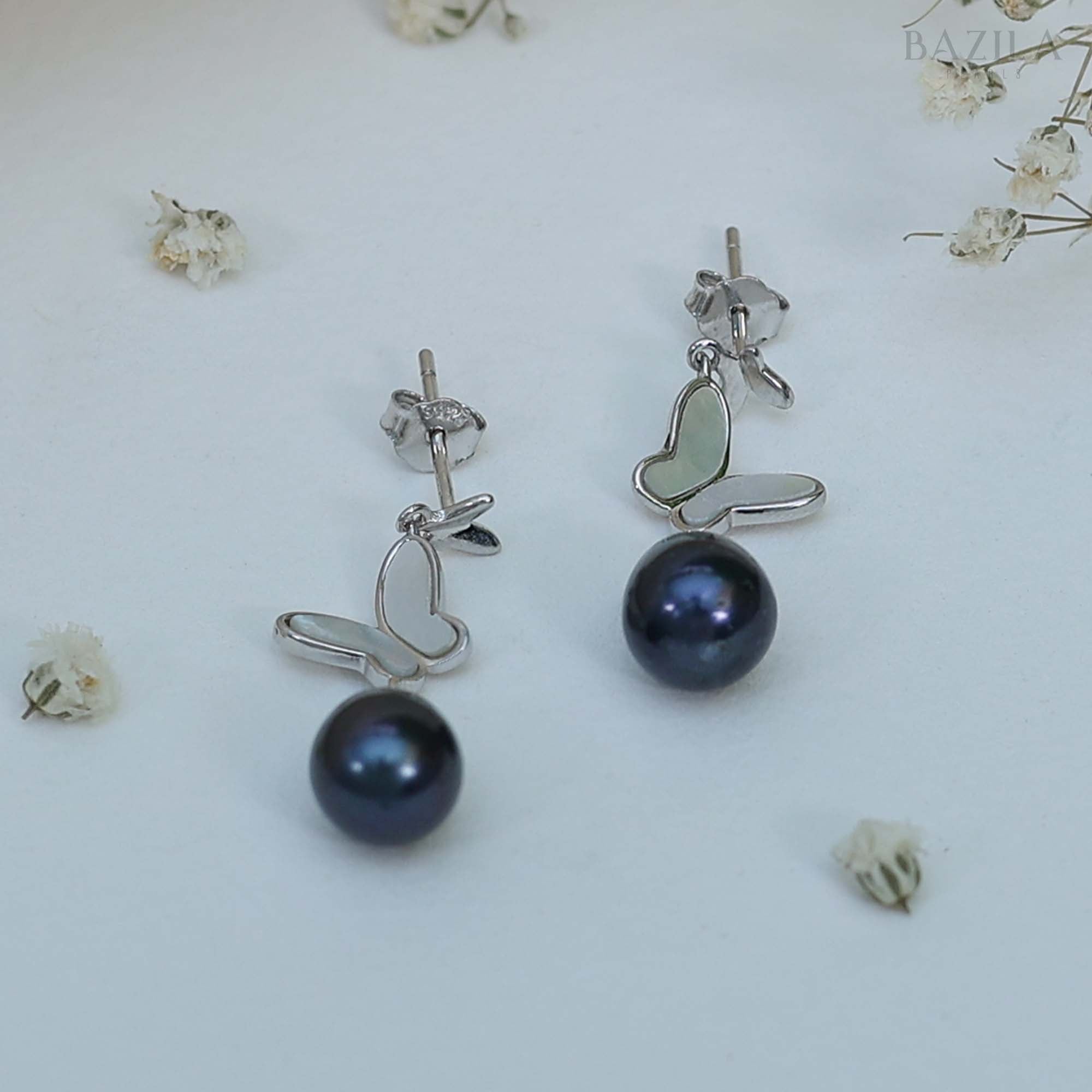 Silver Winged Charm with Dark Pearl Drops