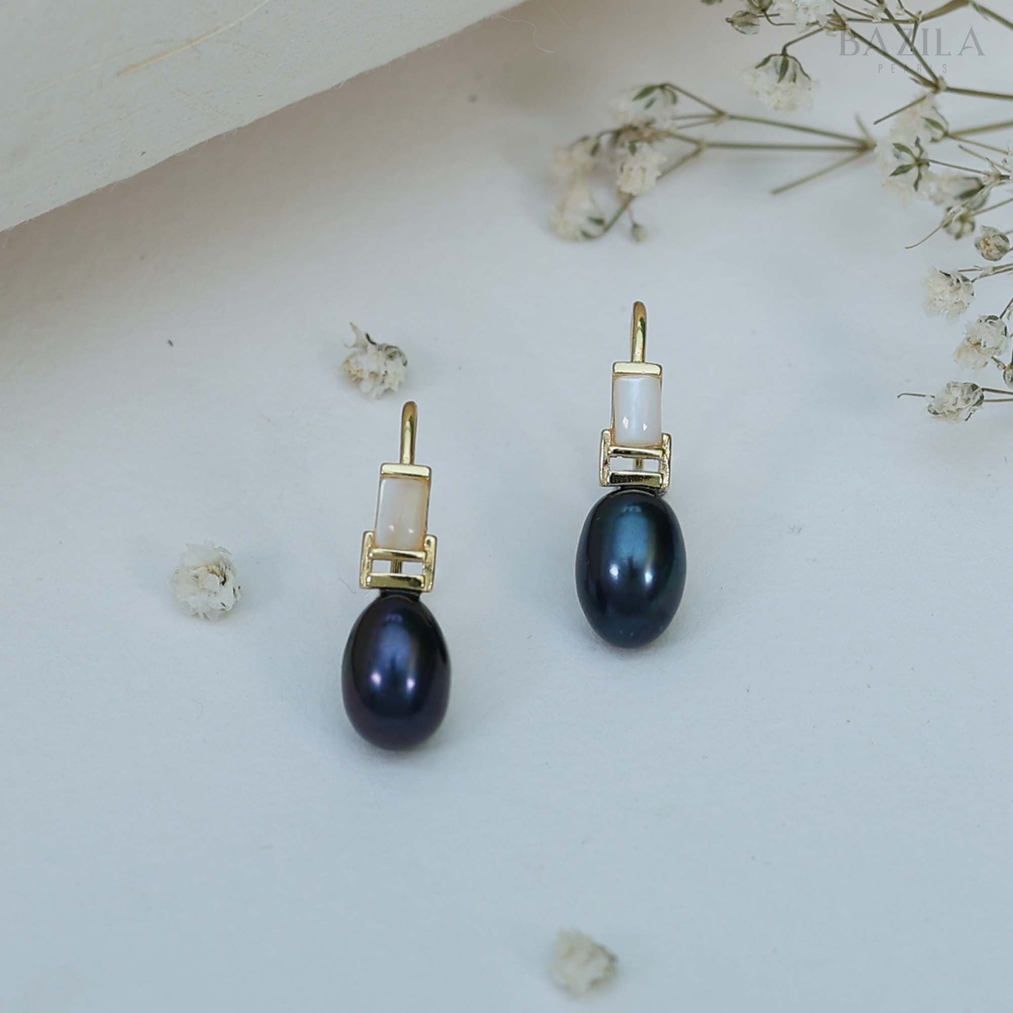 Modern Black Pearl Earrings in Gold-Plated Silver Refined with Iridescent Mother-of-Pearl Detailing