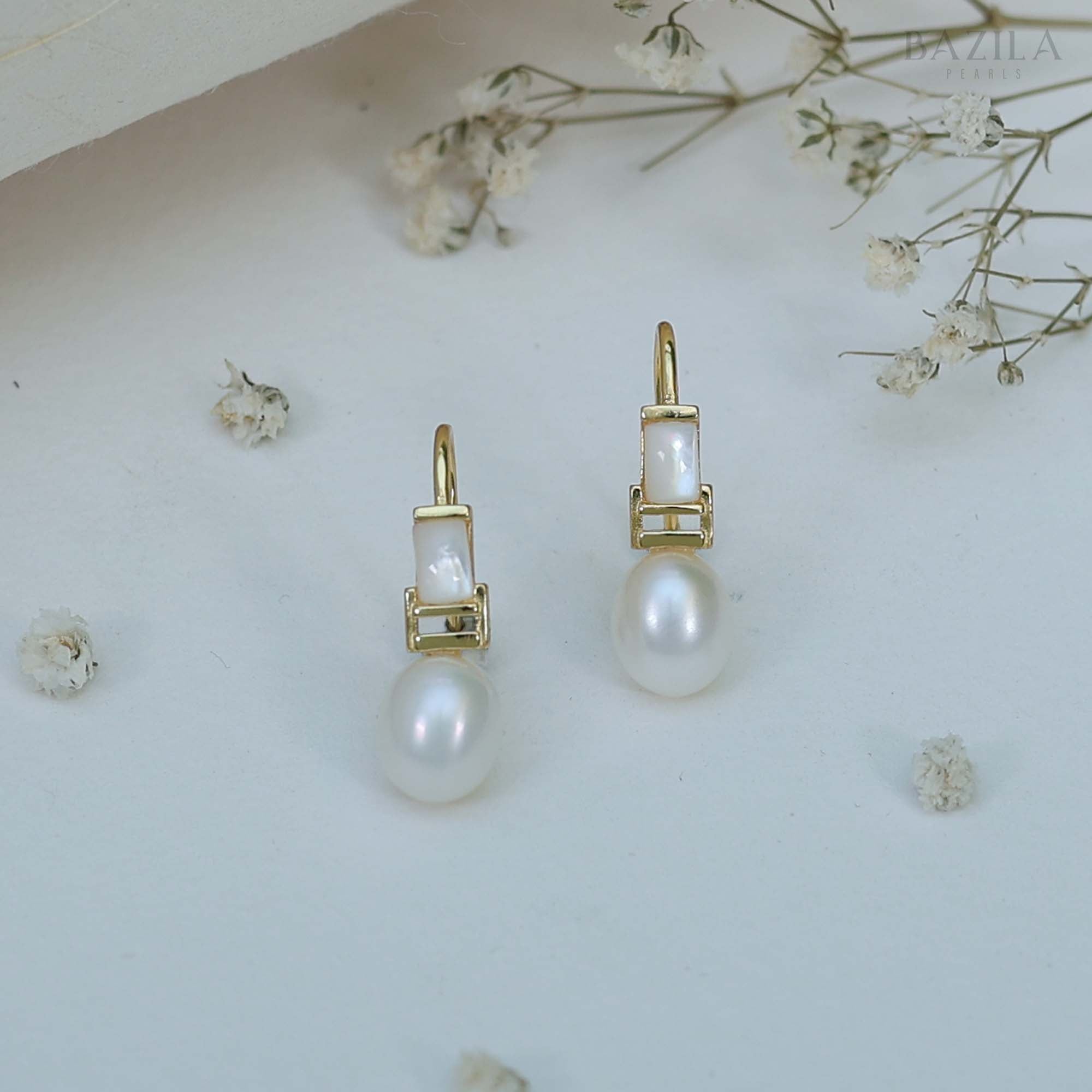 Classic White Freshwater Pearl Earrings Set in Gold-Plated Sterling Silver with Mother-of-Pearl Accent