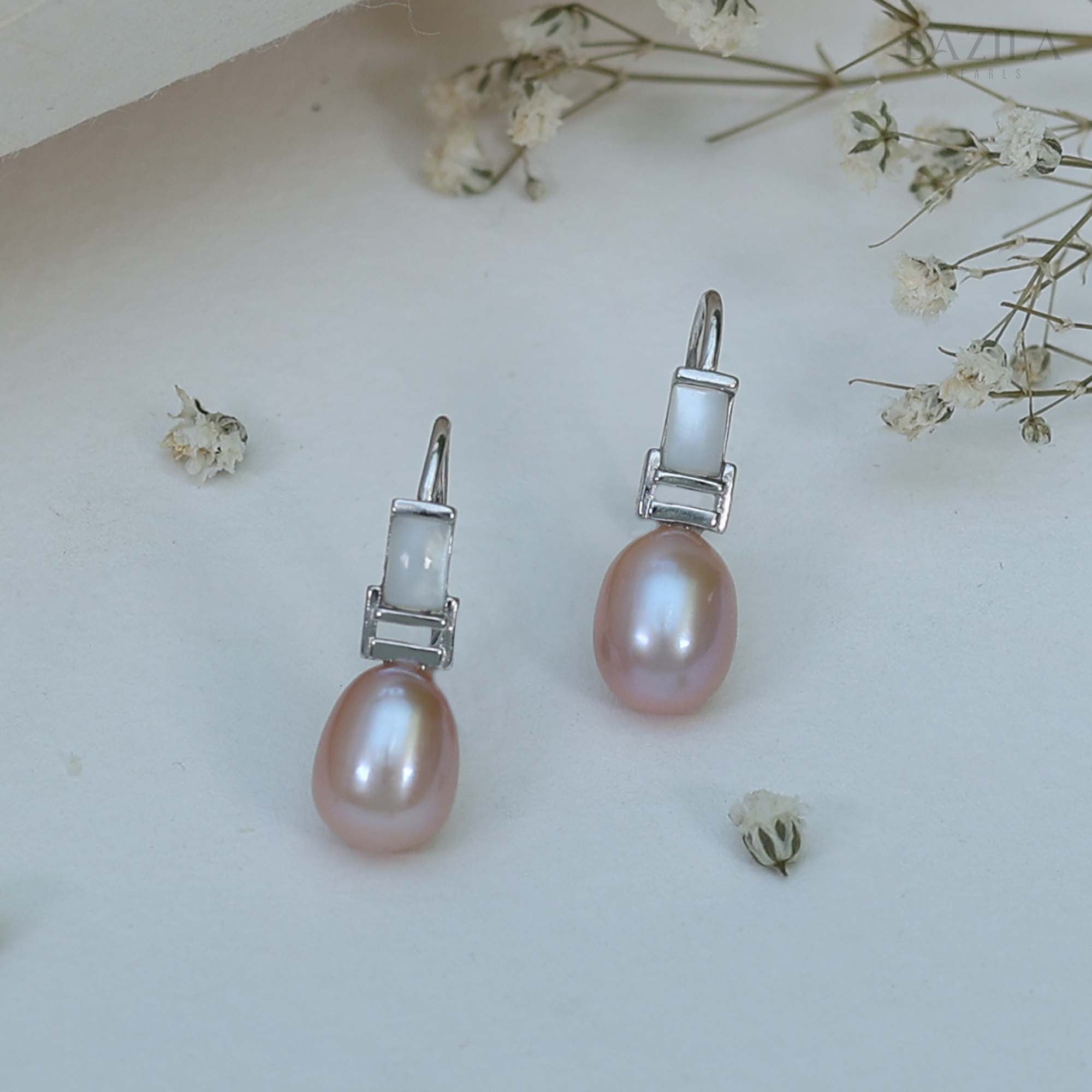 Elegant Pink Pearl Drop Earrings Crafted in Premium Silver with Sleek Mother-of-Pearl Detailing