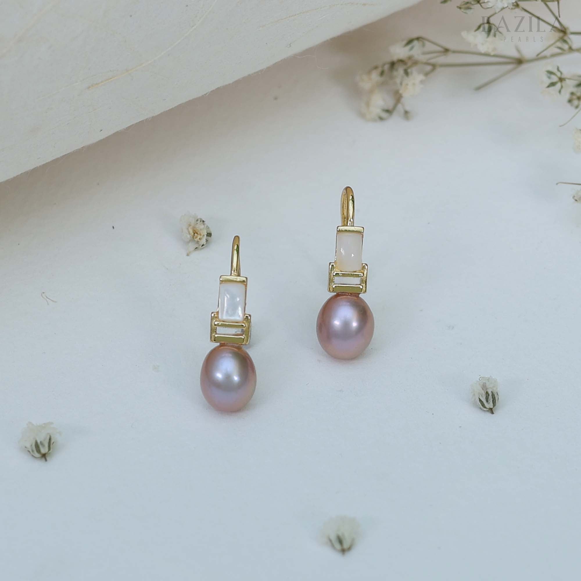 Elegant Pink Pearl Drop Earrings Crafted in Premium Silver with Luxurious Gold Finish and Shell Accent