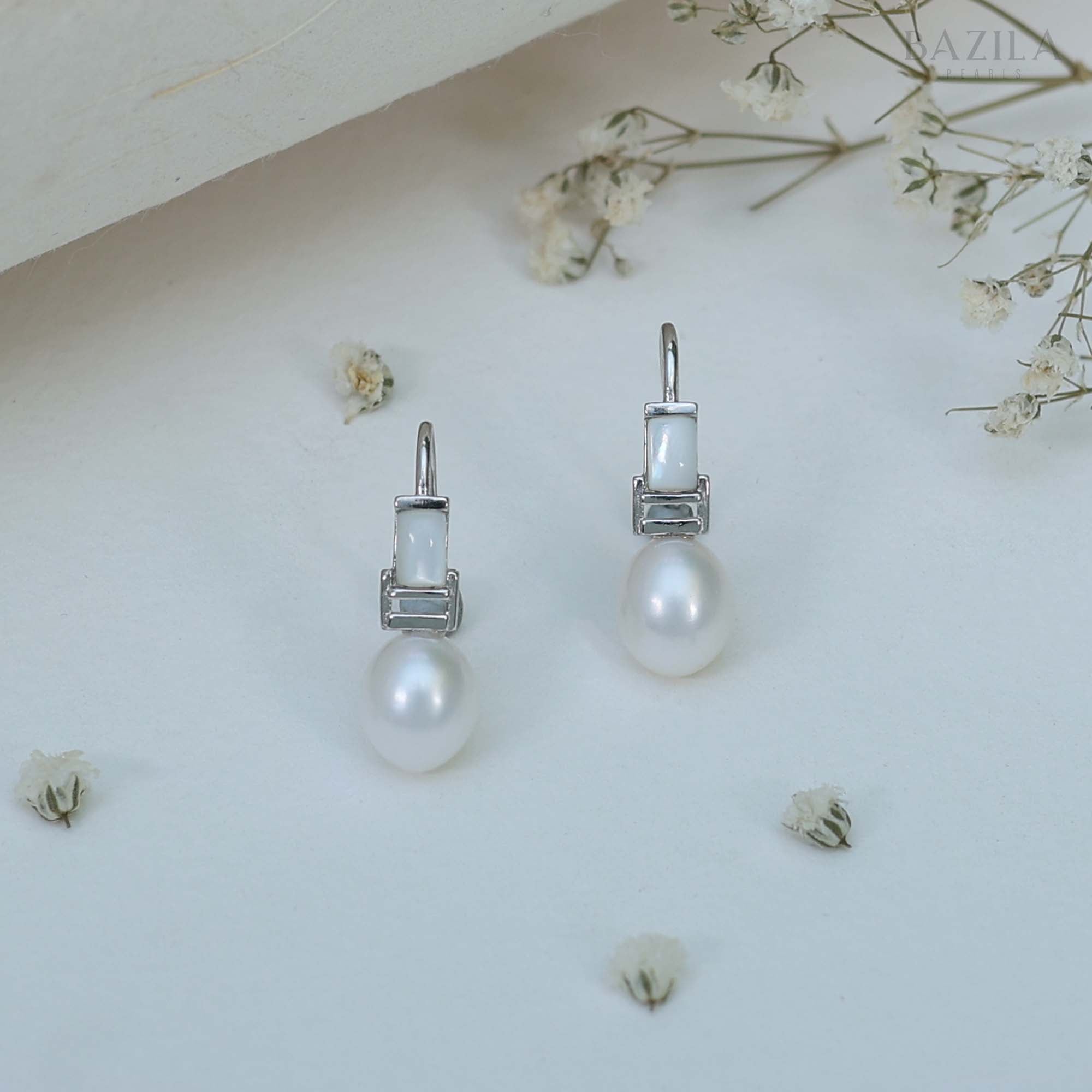 Classic White Freshwater Pearl Drop Earrings Set in Sterling Silver with Refined Mother-of-Pearl Accent