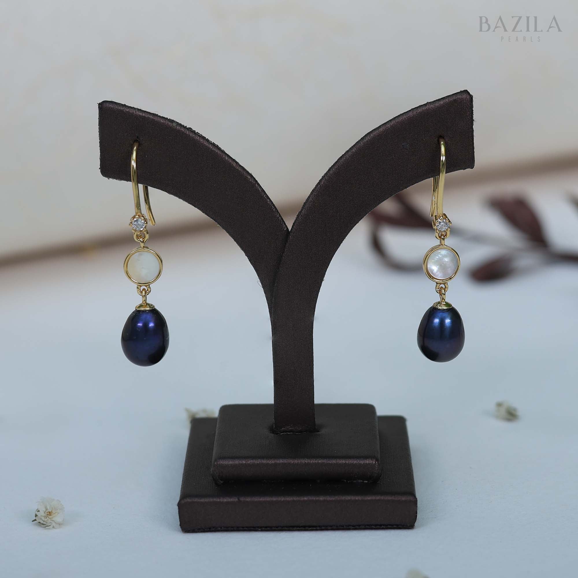 Bold Black Freshwater Pearl Drop Earrings with Gold-Plated Silver Hook & White Accent Pearl