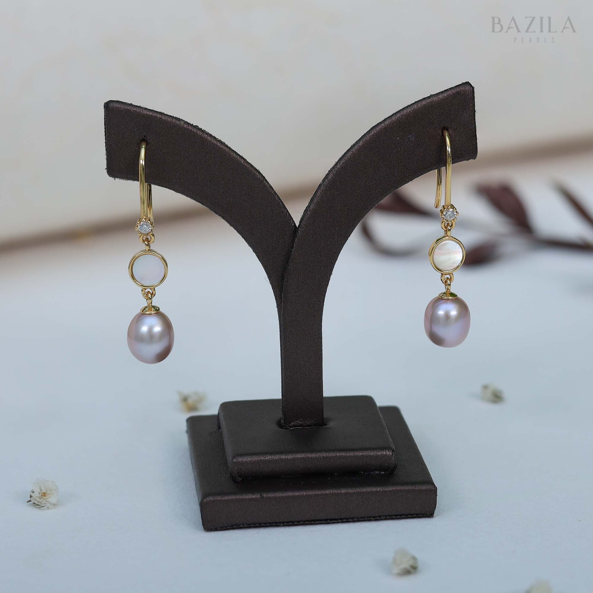 Pastel Pink-Lilac Freshwater Pearl Earrings in Gold-Finished Sterling Silver with Mother-of-Pearl Detail
