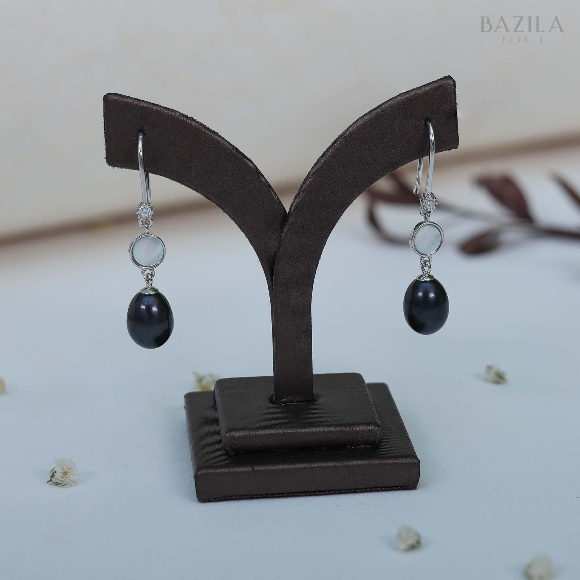 Sleek Black Pearl Dangle Earrings in Sterling Silver with Subtle White Mother-of-Pearl Touch