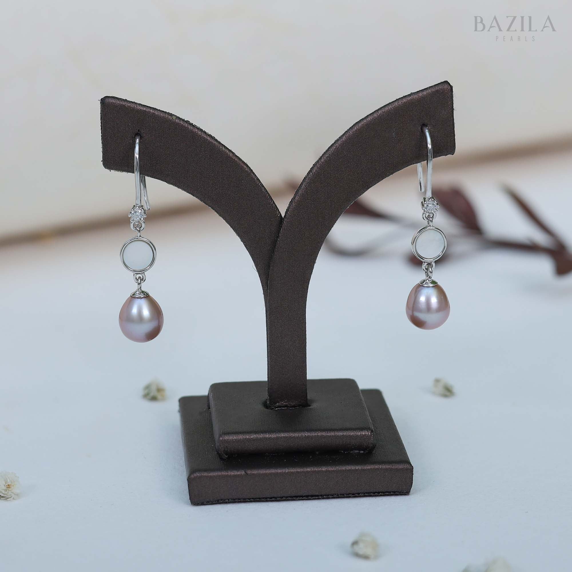 Soft Pink Freshwater Pearl Dangle Earrings with Silver-Plated Hook & Round Accent Element