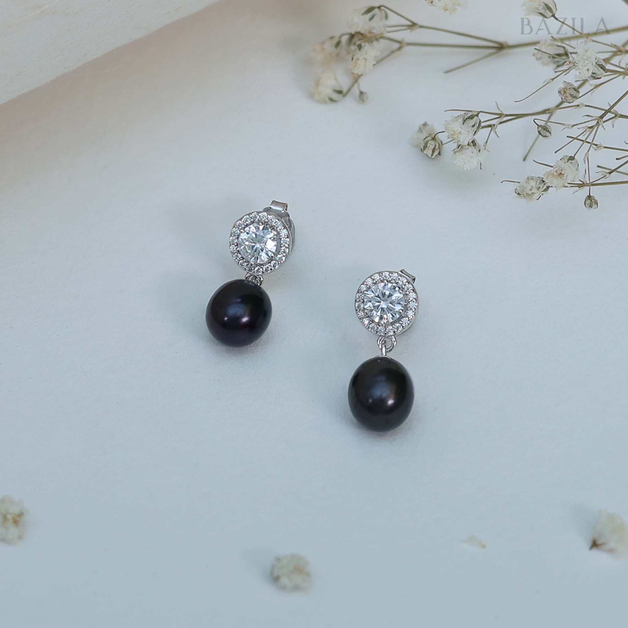Luxury Black Freshwater Pearl Drop Earrings with Diamond-Style Stud in Silver Finish
