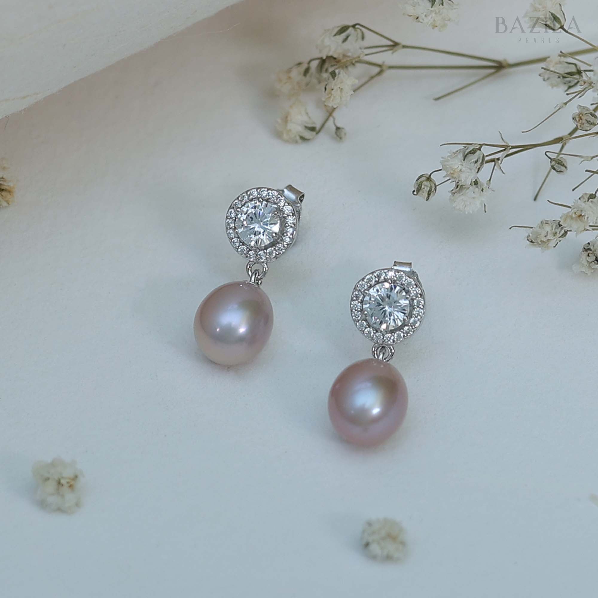 Luxury Soft Pink Freshwater Pearl Earrings with Diamond-Style Halo Stud in Silver Finish