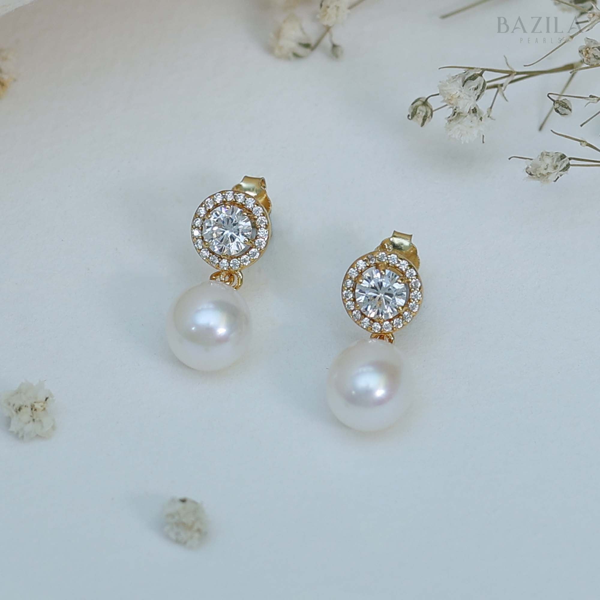 Luxury White Freshwater Pearl Drop Earrings with Diamond-Style Halo Stud in Gold-Plated Silver