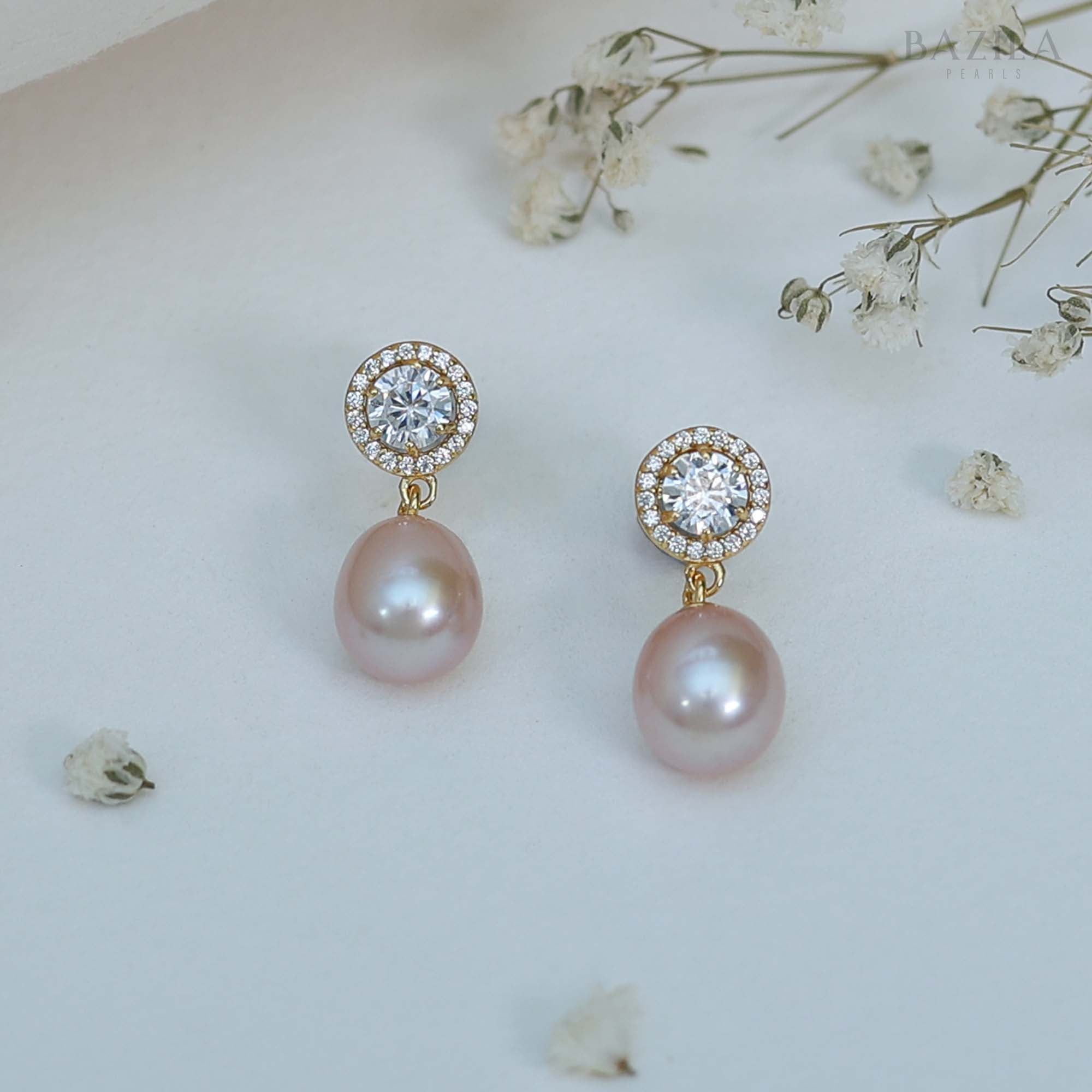 Blush Pink Pearl Drop Earrings with Crystal Embedded Stud & Gold-Finished Silver Setting