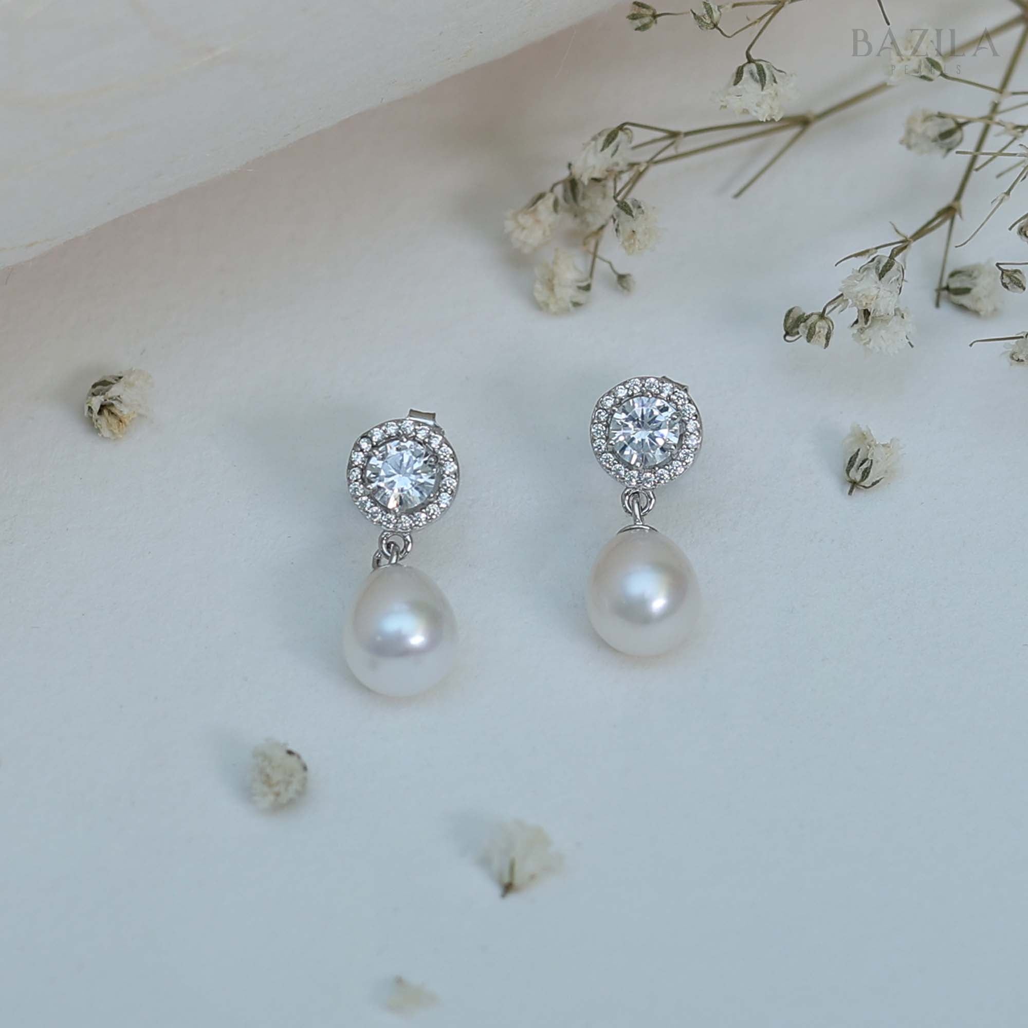 Premium White Pearl Earrings with Halo Crystal Top and Minimal Drop Silhouette in Silver