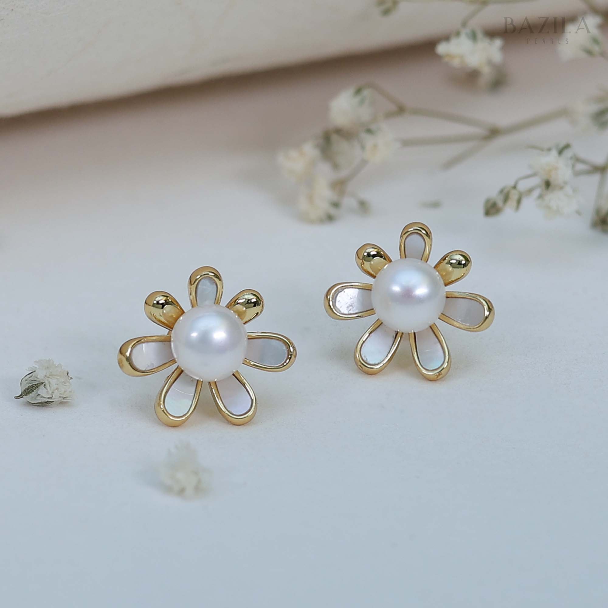 Elegant Flower-Shaped Pearl Stud Earrings in Gold-Finished Silver with Glossy Petal Design