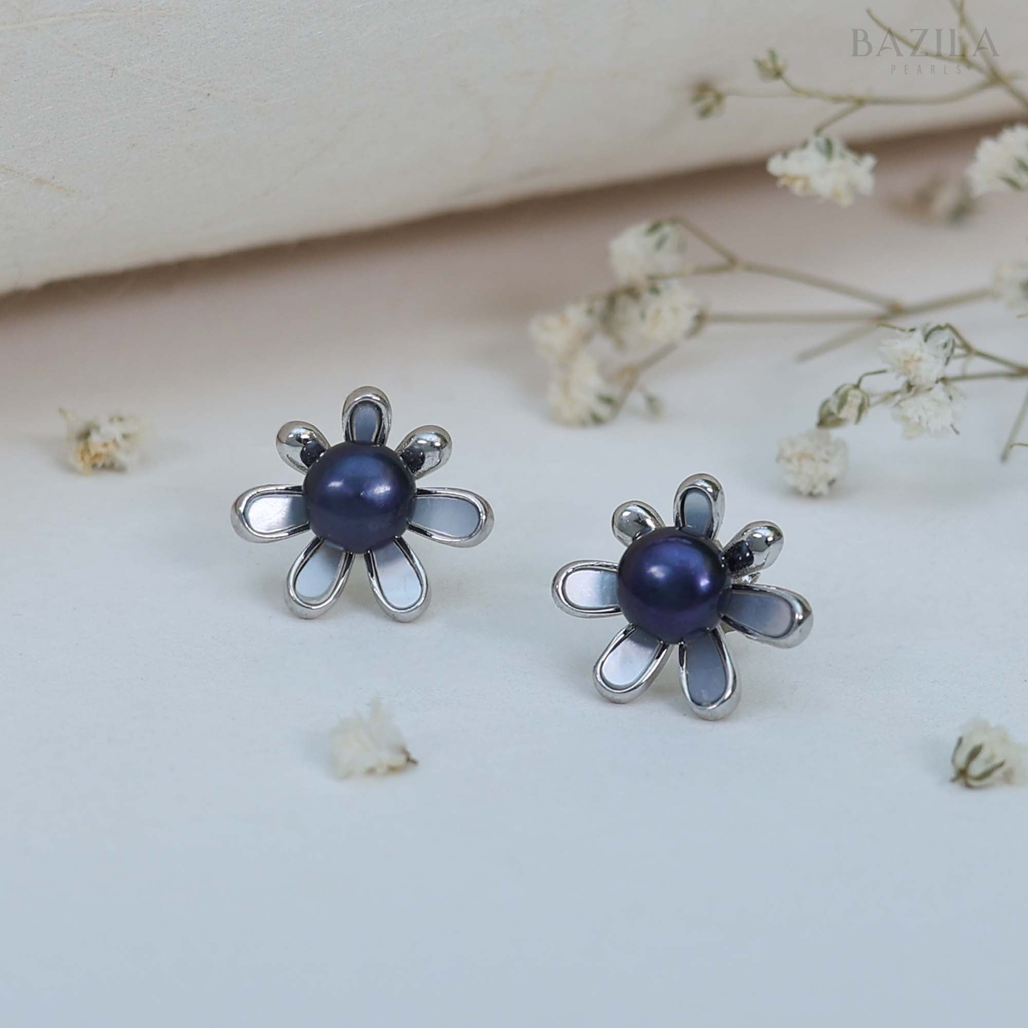 Modern Floral Earrings with Deep Black Freshwater Pearl Center & Silver Polished Petal Outline