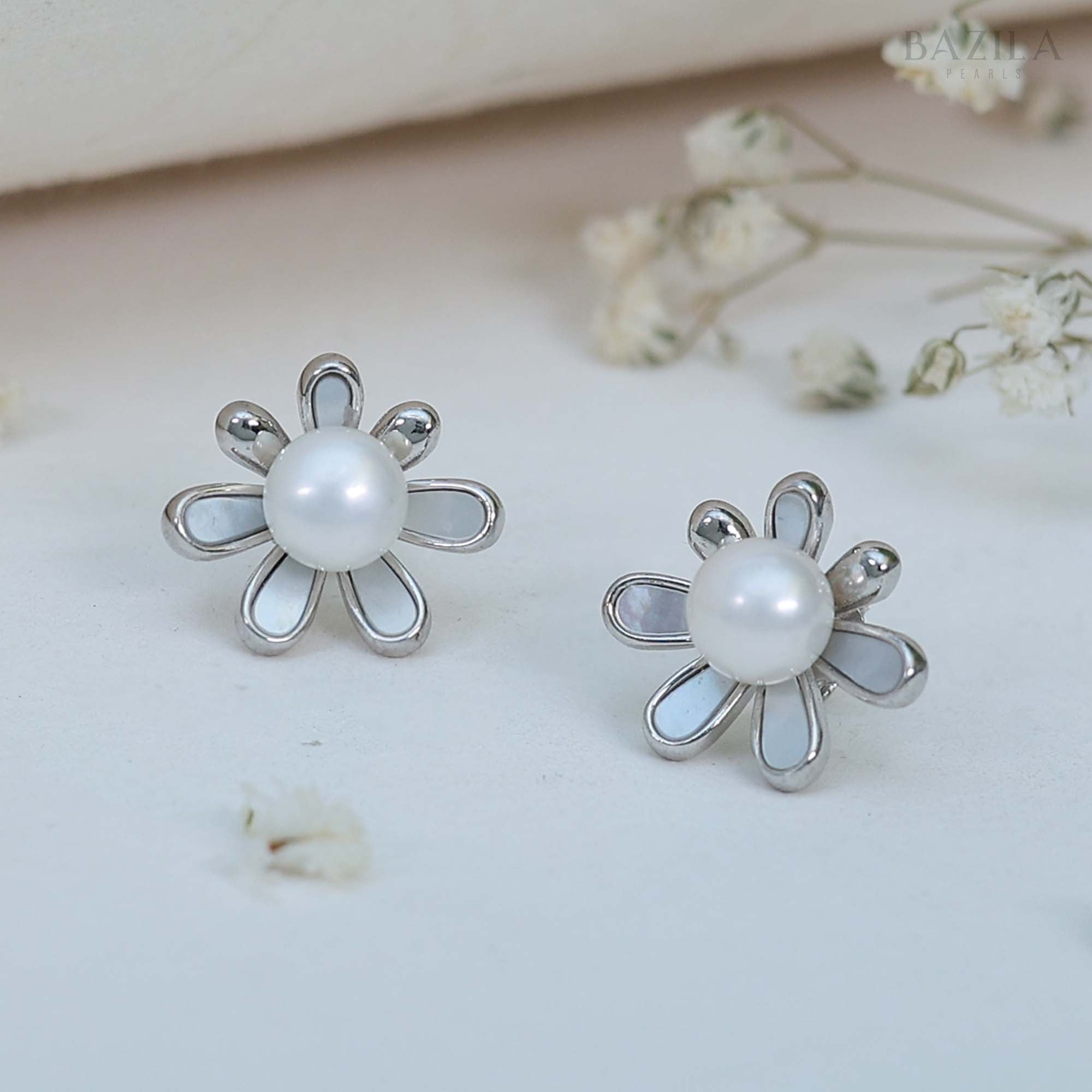 White Freshwater Pearl Flower Earrings in Premium Silver Finish with Glossy Petal Inlay