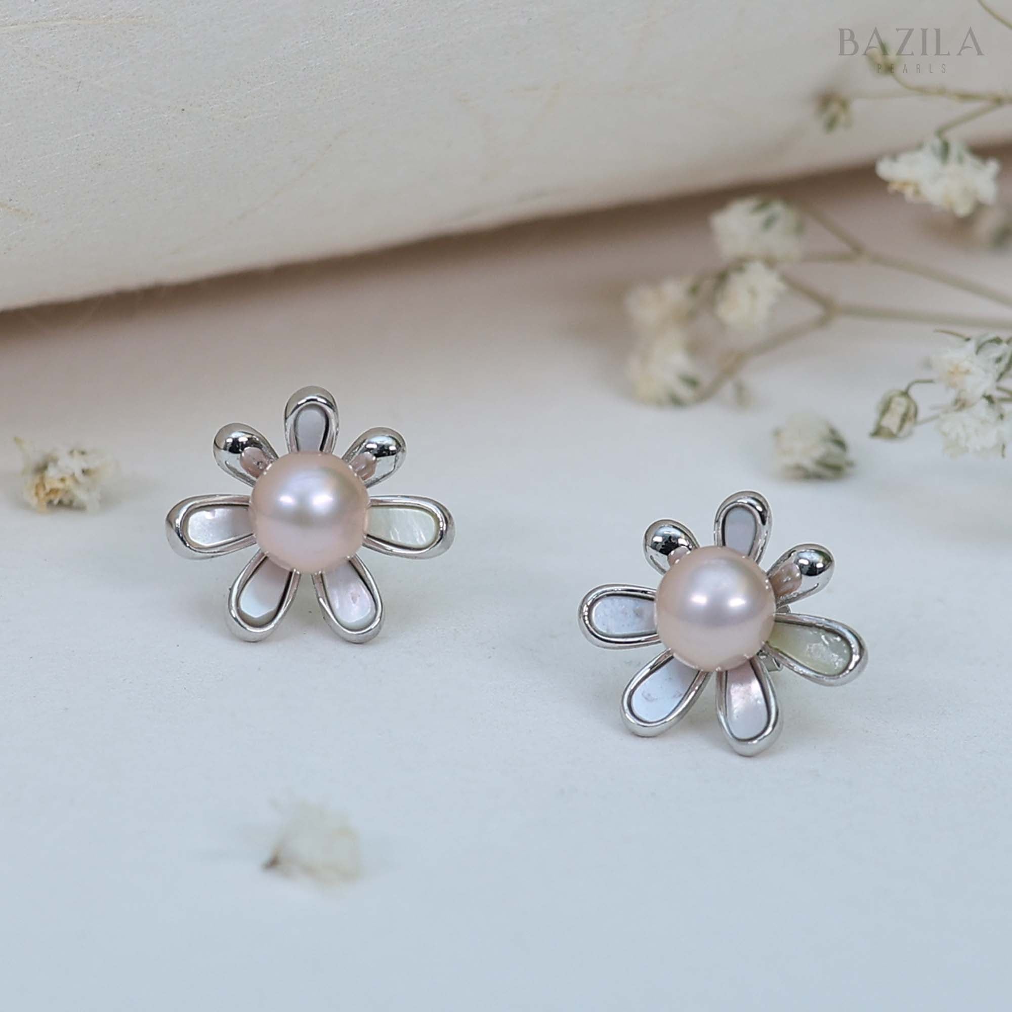 Pastel Freshwater Pearl Floral Studs with Silver Plated Finish and Minimal Petal Design