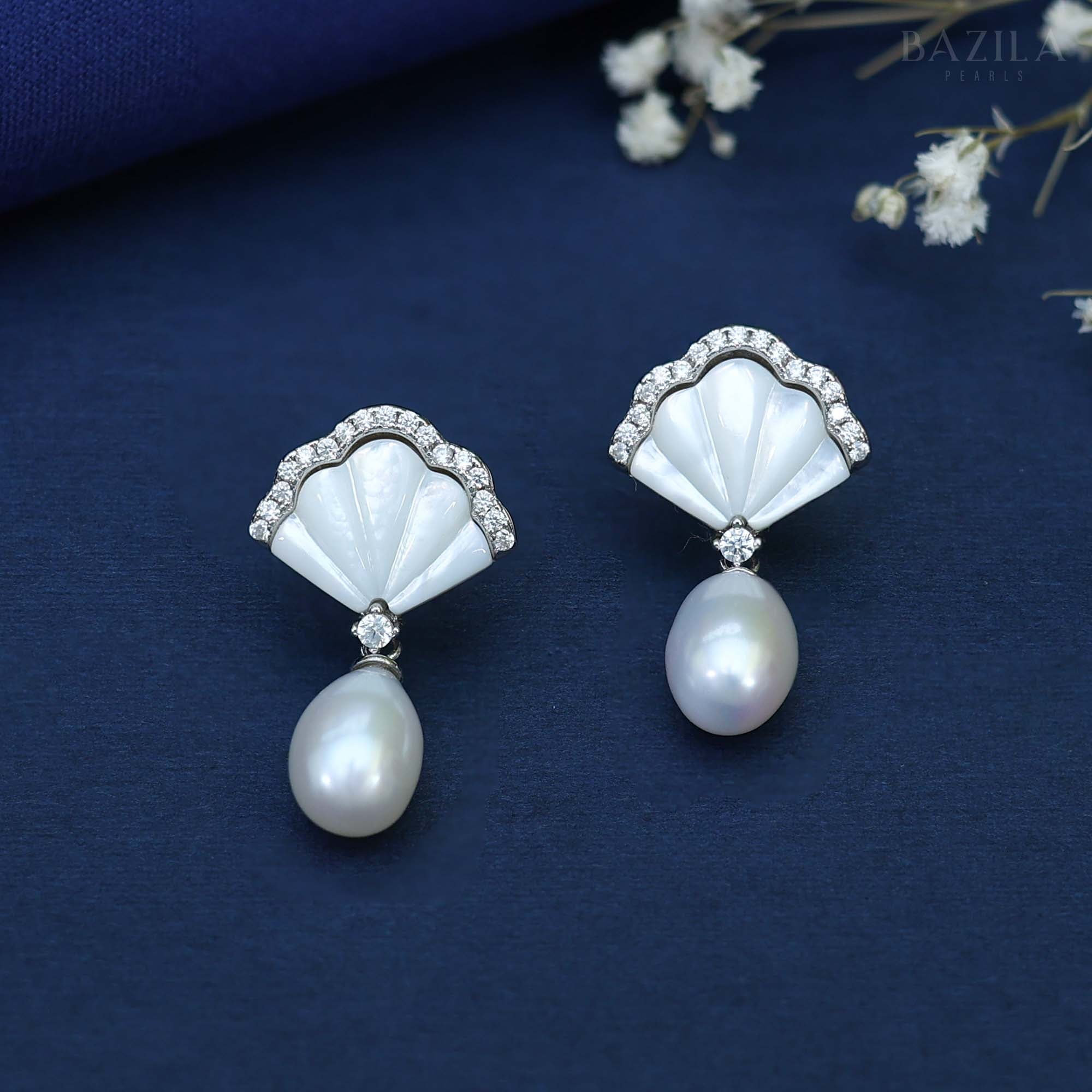 Elegant Shell-Inspired Freshwater Pearl Drop Earrings in Premium Silver"