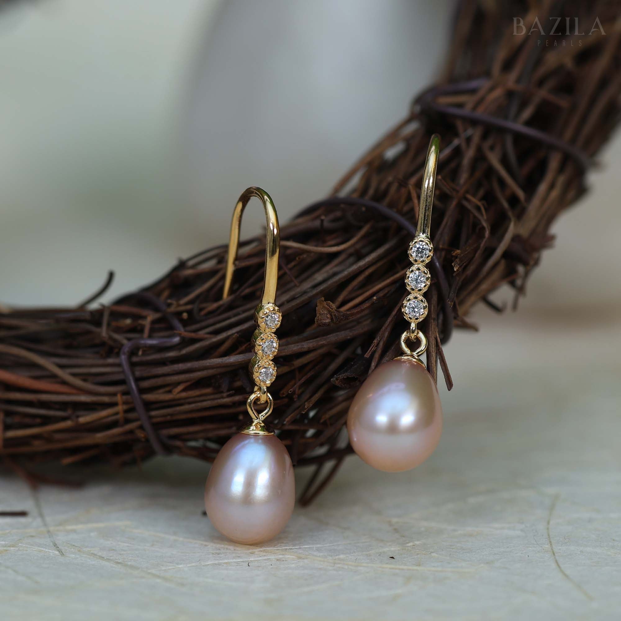 Lustrous Pink Freshwater Pearl Drop Earrings Set on Fine Silver Hooks with Sparkling Zircon Detailing