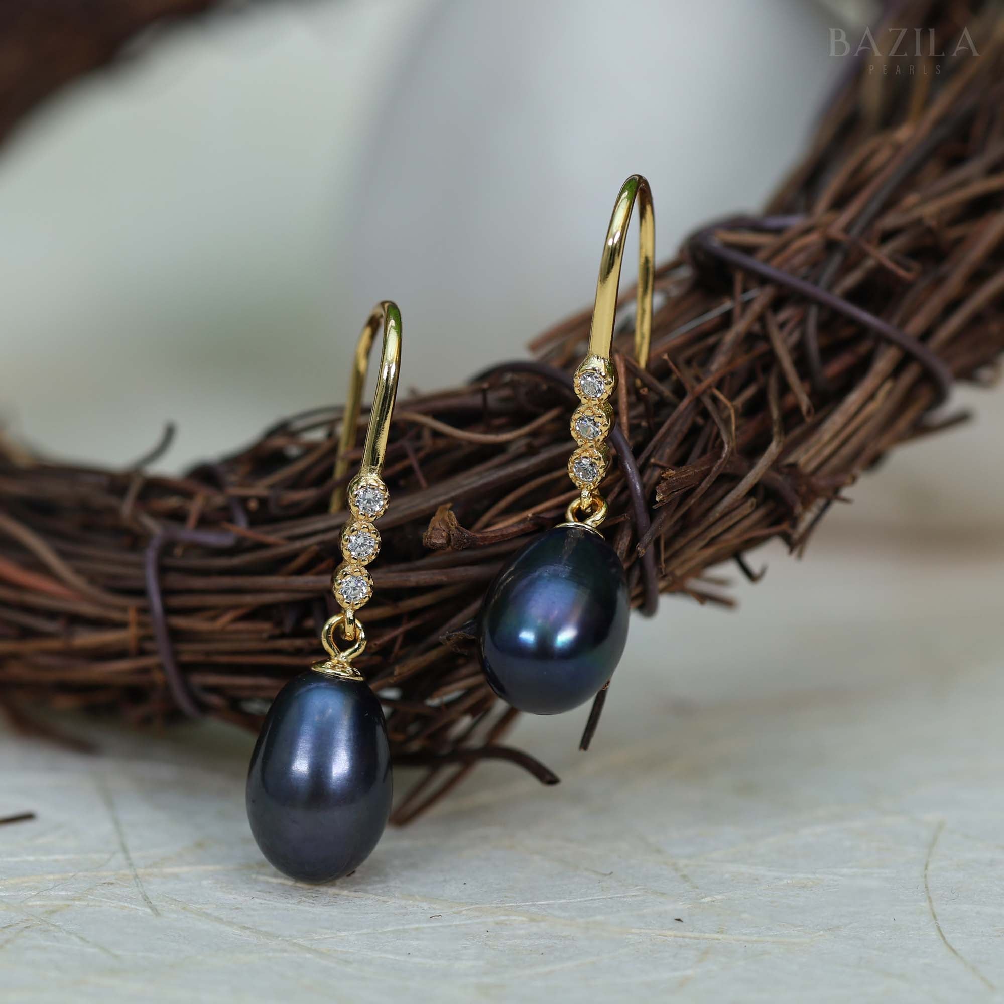Midnight Black Freshwater Pearl Drop Earrings Set on Silver Hooks with Sparkling Zircon Accents