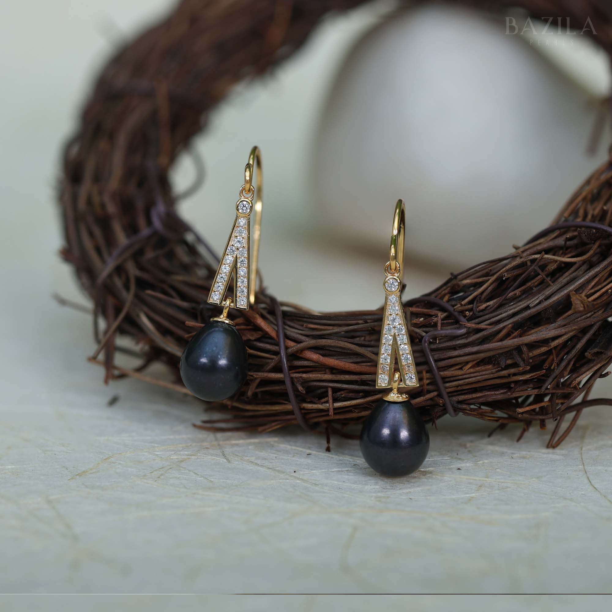 Elegant Black Pearl Drop Earrings with Gold & Crystal Detailing