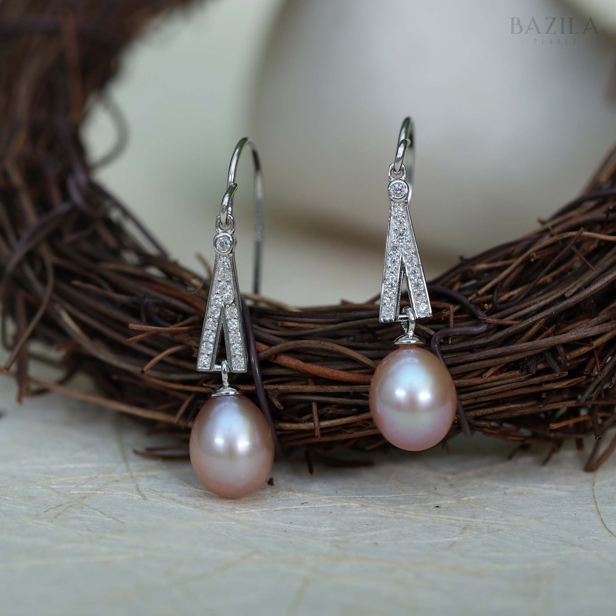 Premium Pink Pearl Earrings in Sleek Silver Finish Featuring Sparkling Zircon-Encrusted Geometric Design