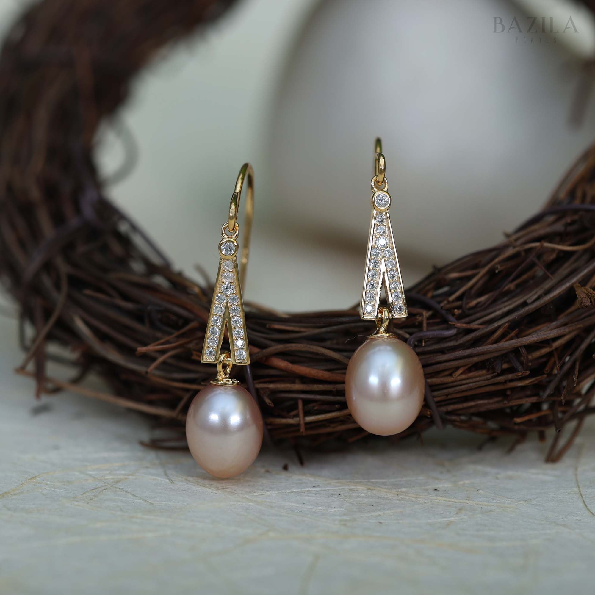 Elegant Gold-Finish Freshwater Blush Pearl Drop Earrings with Zircon Detailing
