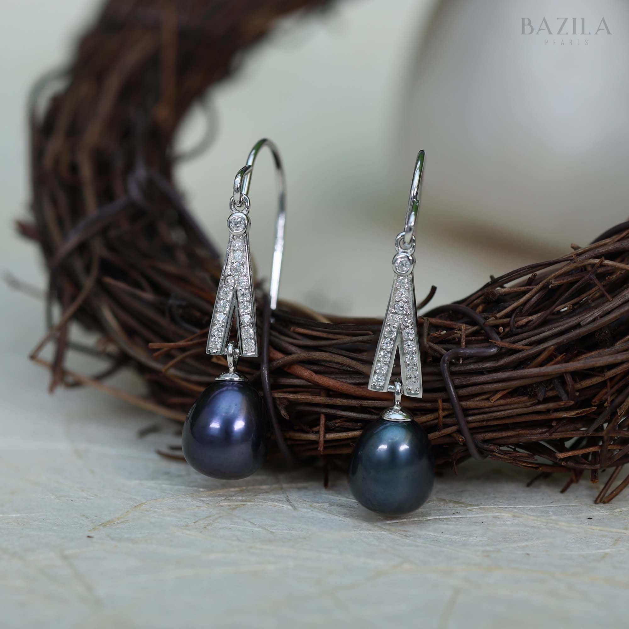 Elegant Silver-Finish Freshwater Black Pearl Drop Earrings with Zircon Detailing