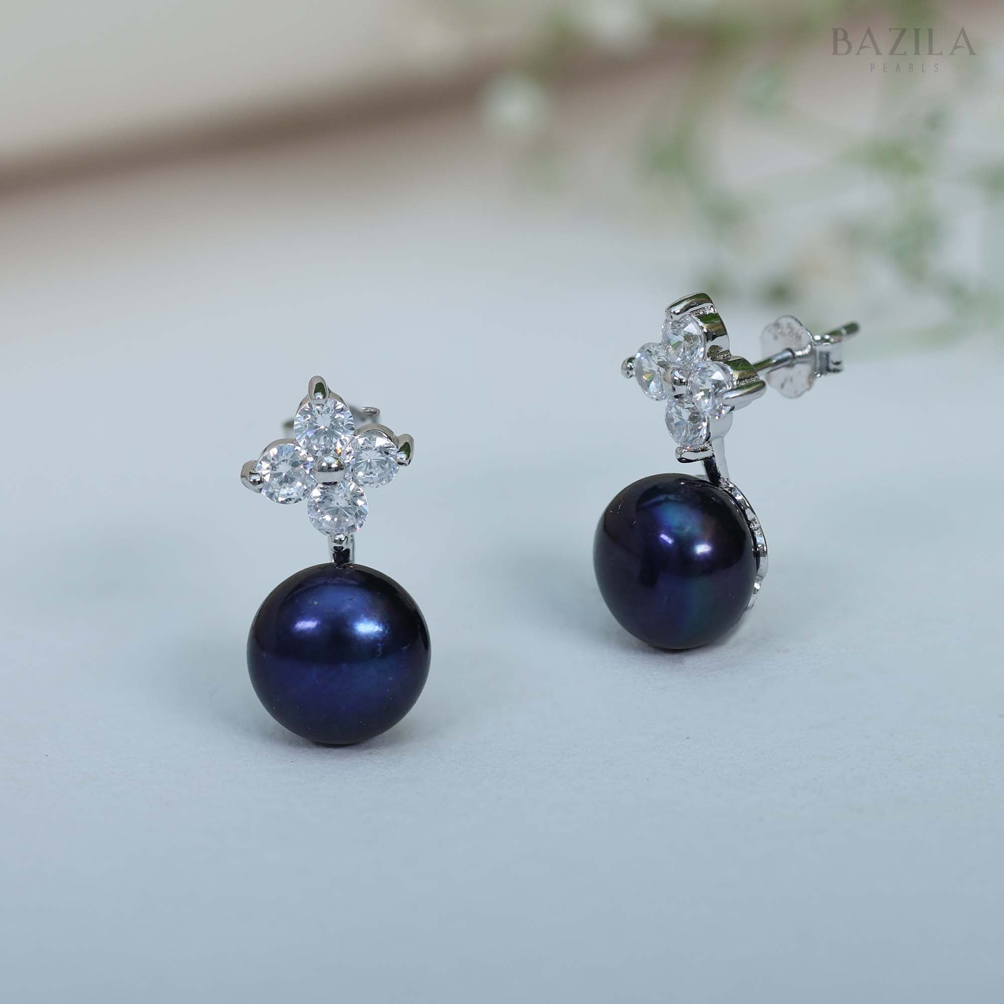 Sophisticated Silver-Finish Freshwater Black Pearl Stud Earrings with Zircon Cluster Design