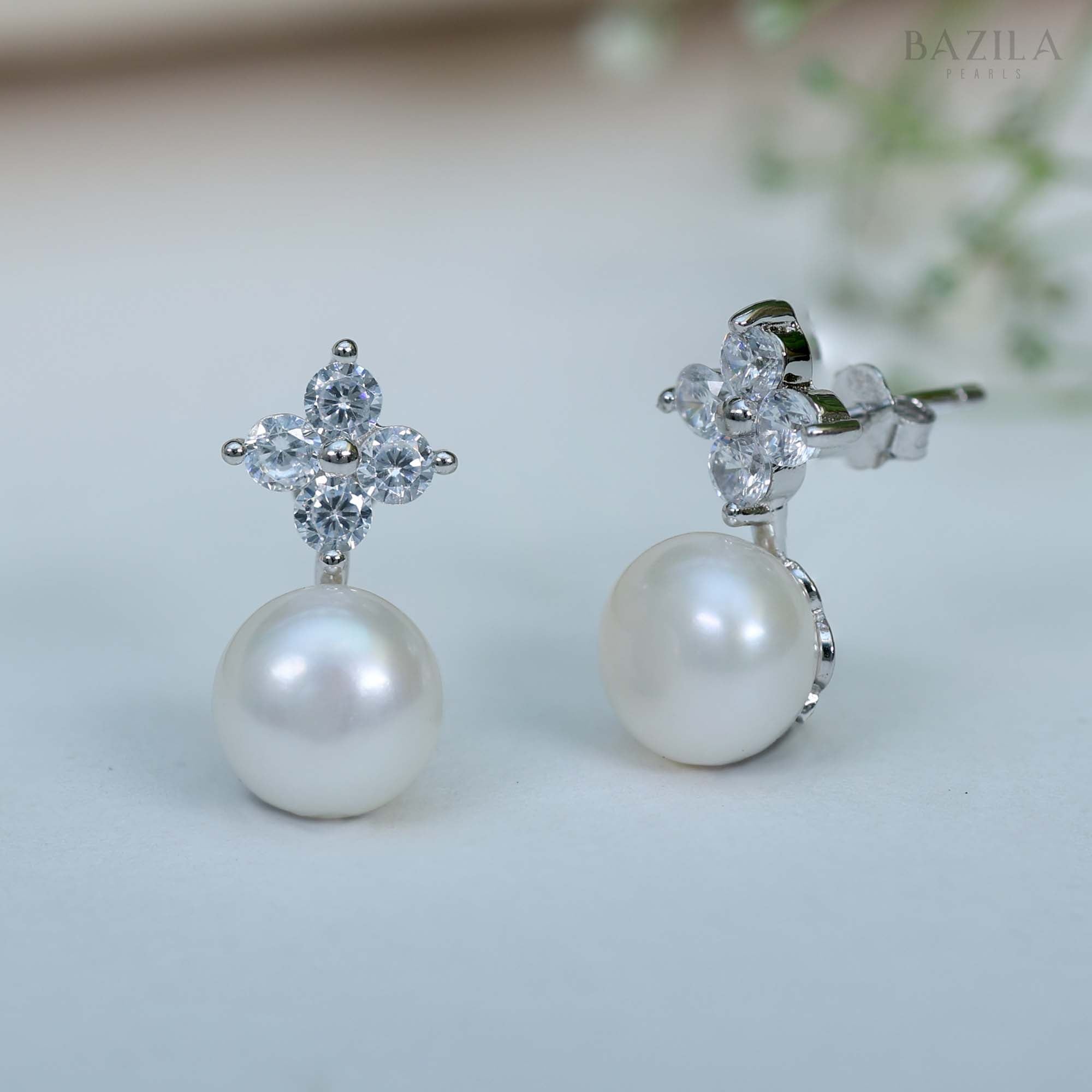 Elegant Silver-Finish Freshwater White Pearl Stud Earrings with Zircon Cluster Accent