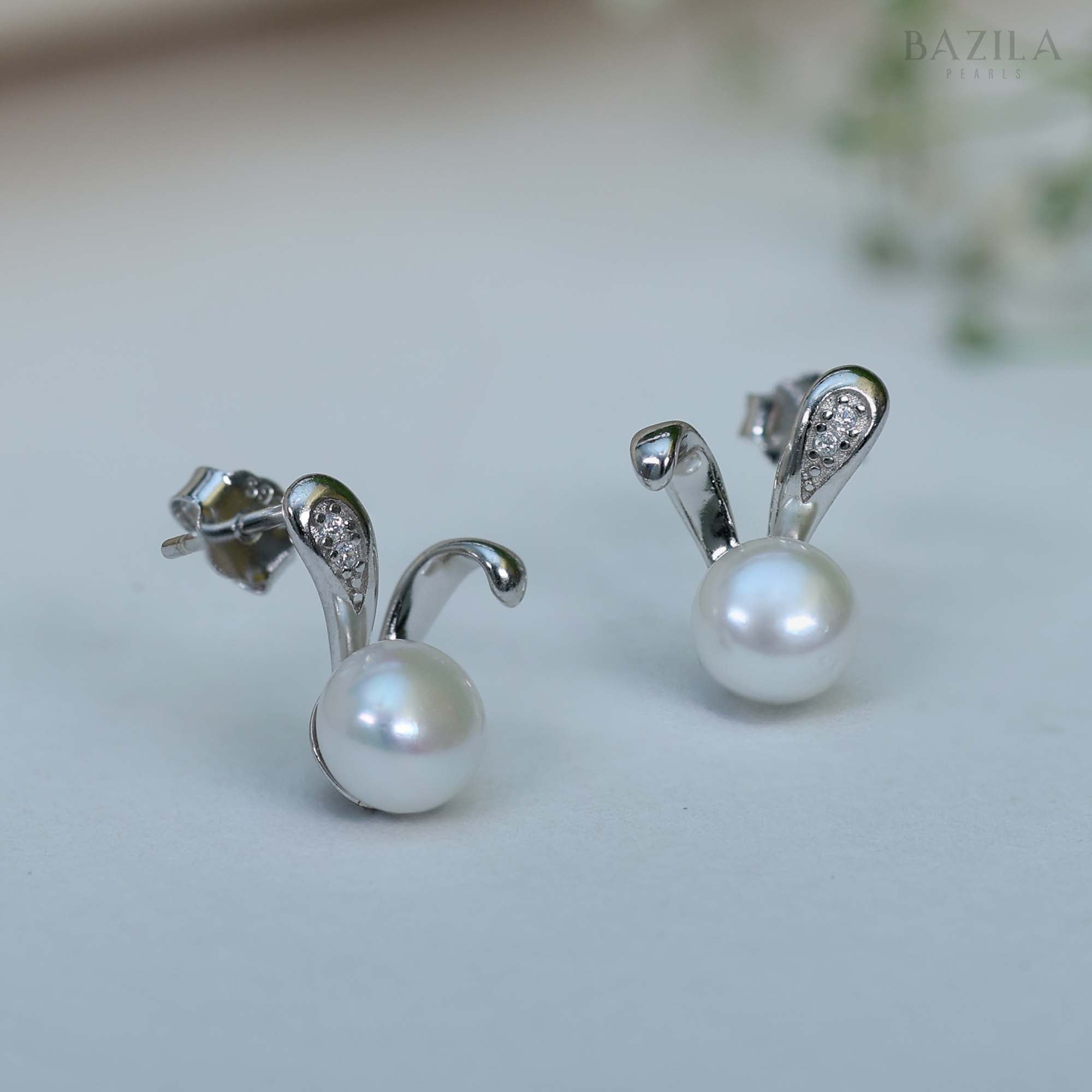 Playful Bunny Design White Freshwater Pearl Stud Earrings