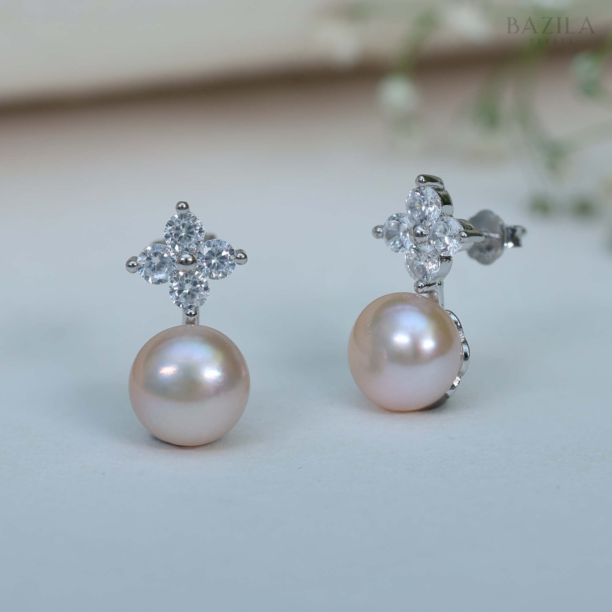 Elegant Silver-Finish Freshwater Blush Pearl Stud Earrings with Zircon Cluster Accent