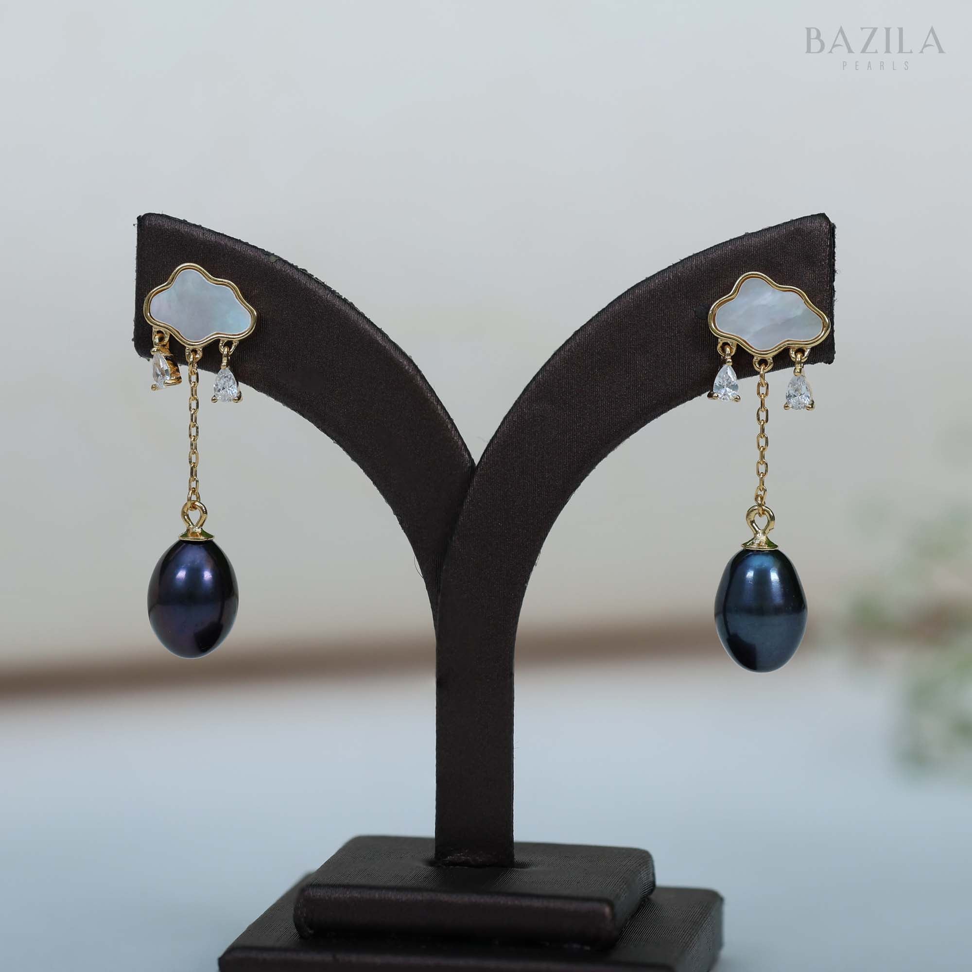 Chic Gold-Finish Freshwater Black Pearl Drop Earrings with Mother-of-Pearl and Zircon Accents