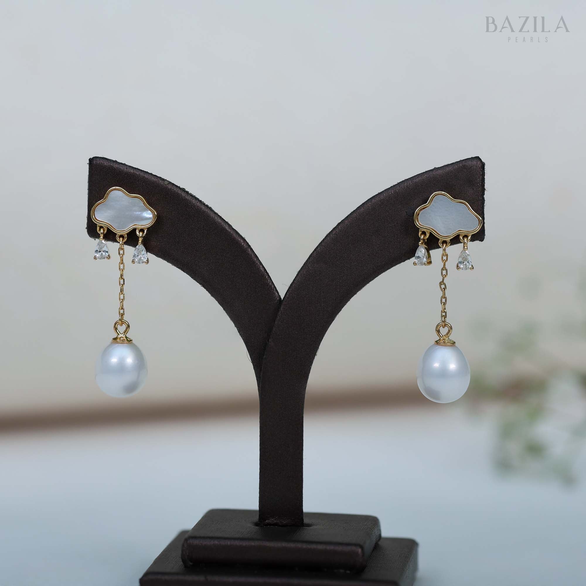 Elegant Gold-Finish Freshwater White Pearl Dangle Earrings with Mother-of-Pearl & Zircon Accents