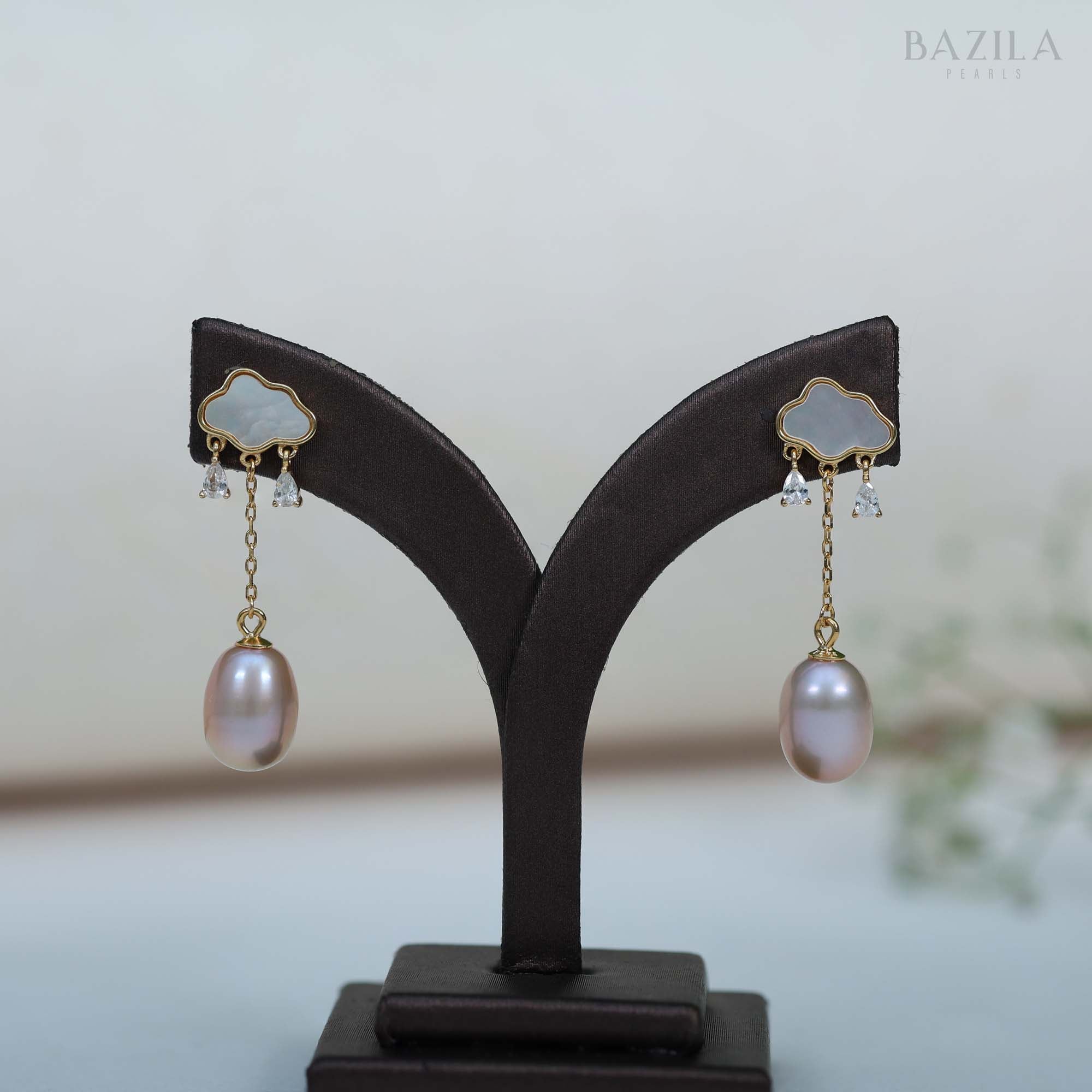Elegant Gold-Finish Freshwater Blush Pearl Dangle Earrings with Mother-of-Pearl & Zircon Details