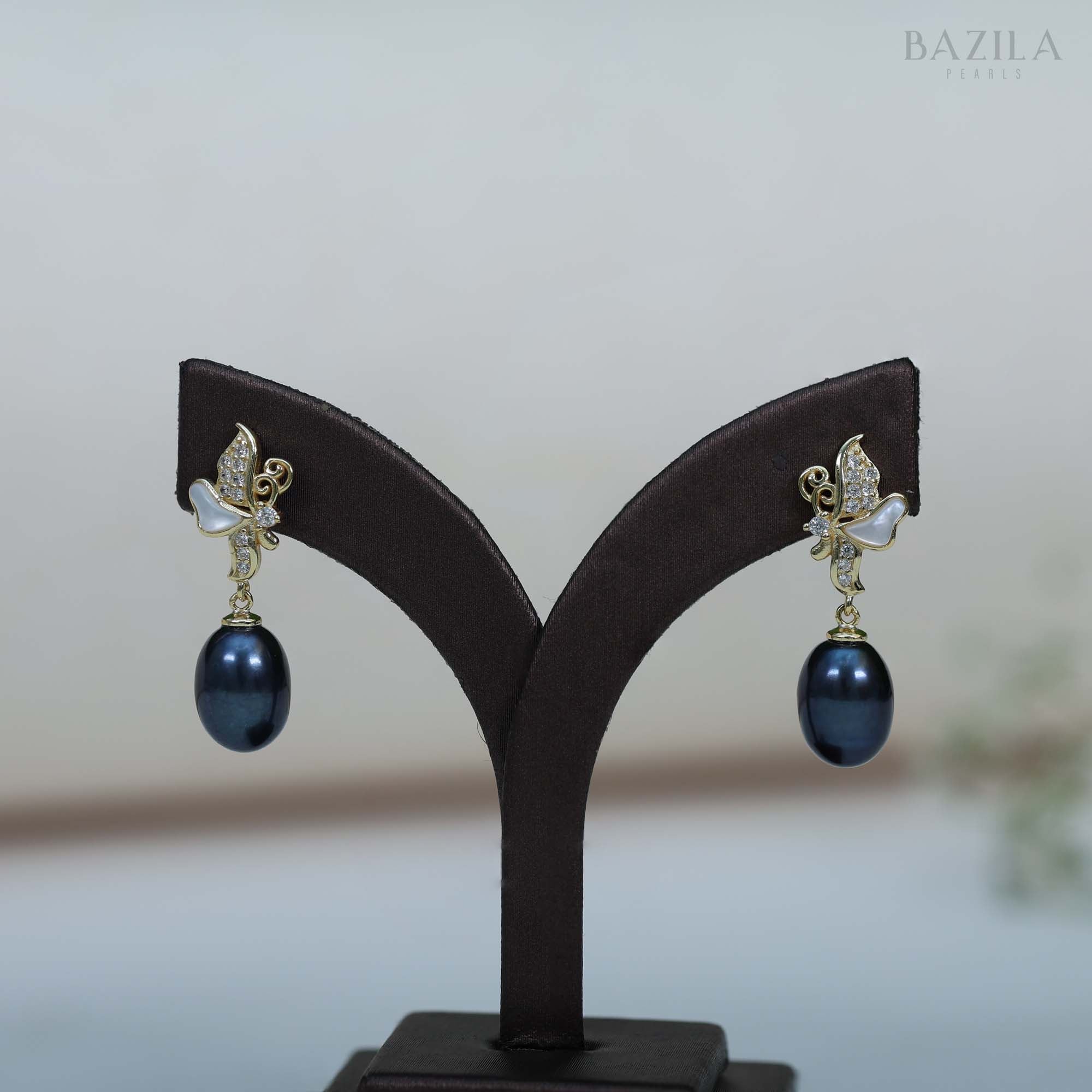 Elegant Butterfly-Design Freshwater Black Pearl Drop Earrings with Zircon & Mother-of-Pearl Detailing