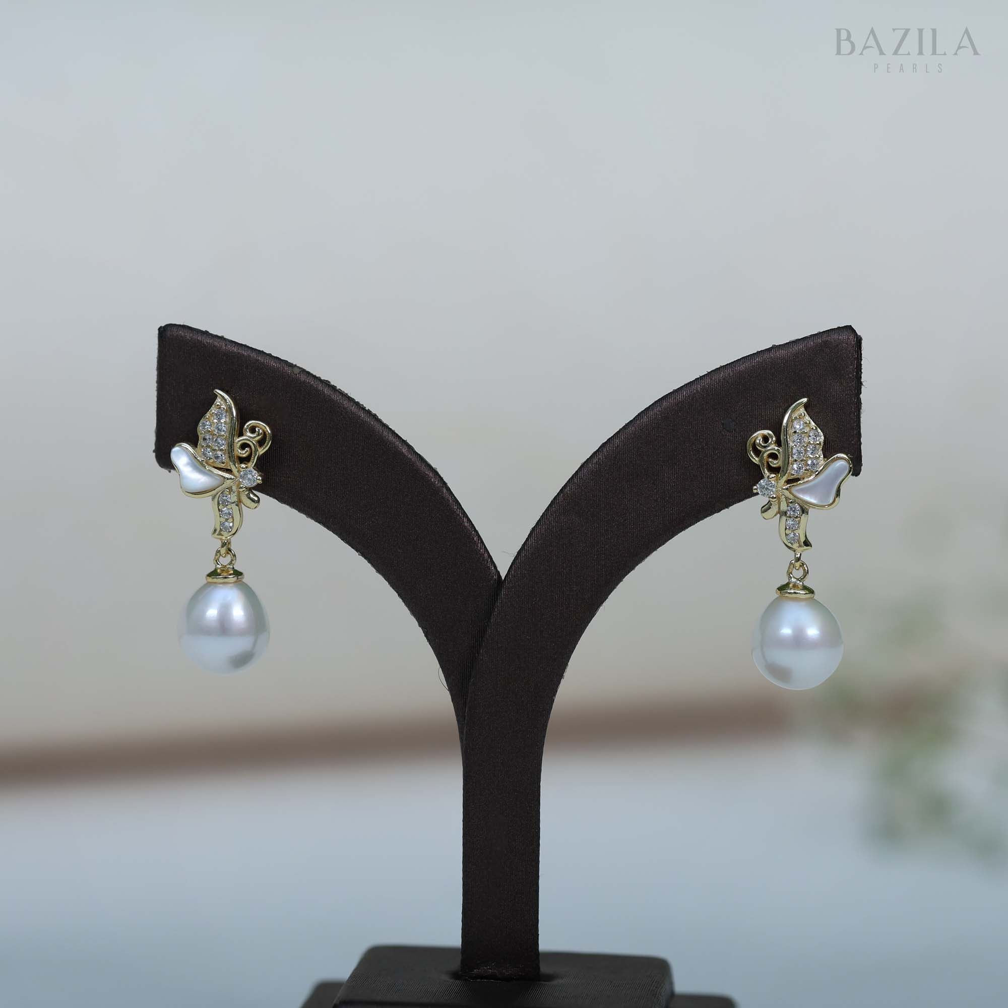 Elegant Butterfly-Design Freshwater White Pearl Drop Earrings with Zircon & Mother-of-Pearl Details