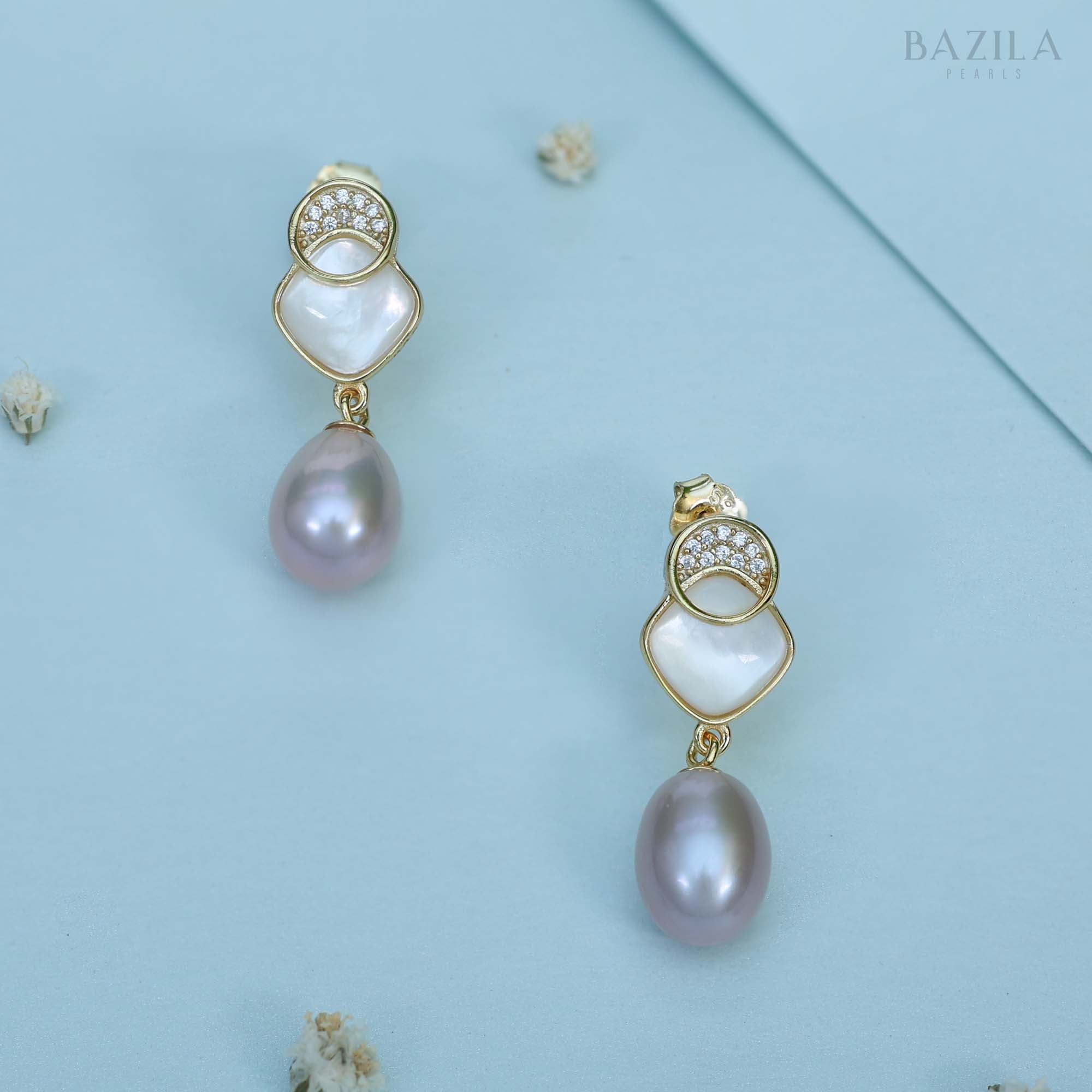 Elegant Gold-Finish Freshwater Blush Pearl Drop Earrings with Mother-of-Pearl & Zircon Accents