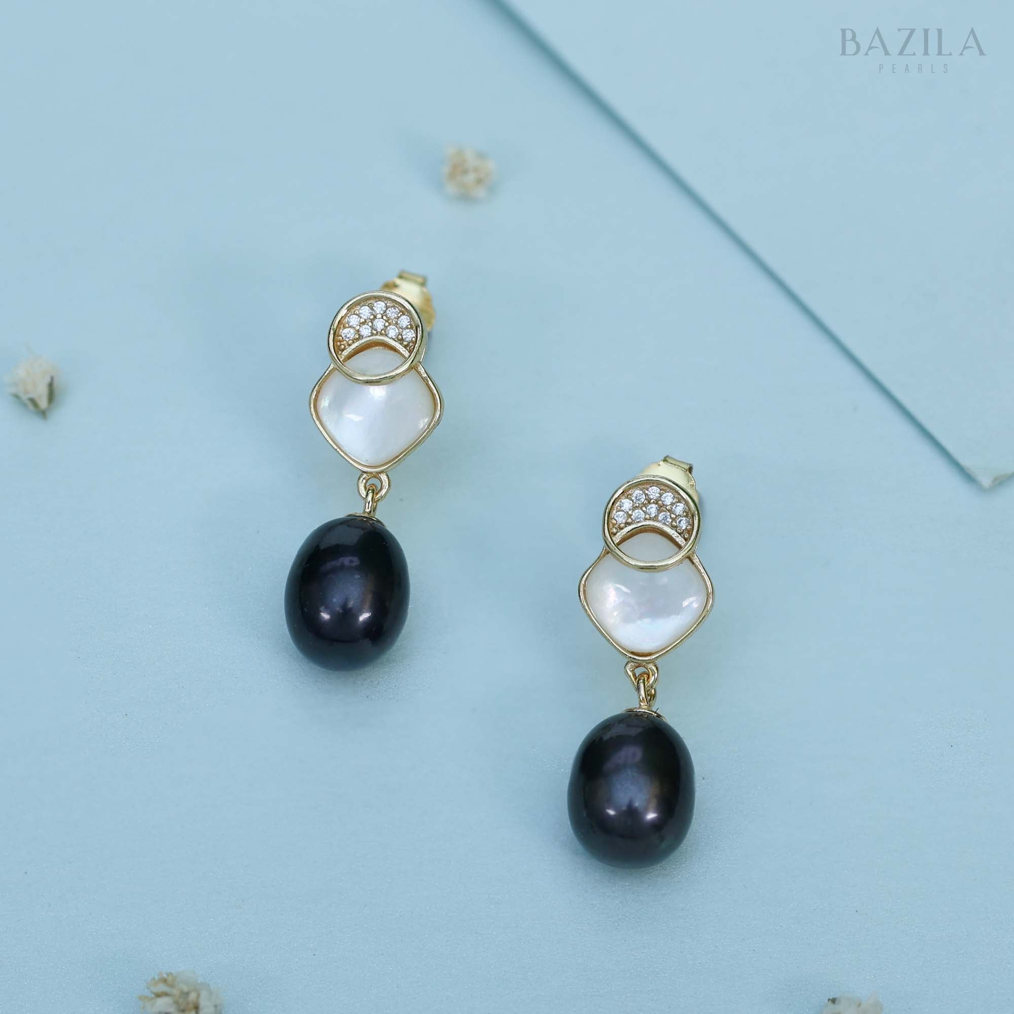 Elegant Gold-Finish Freshwater Black Pearl Drop Earrings with Mother-of-Pearl & Zircon Accents