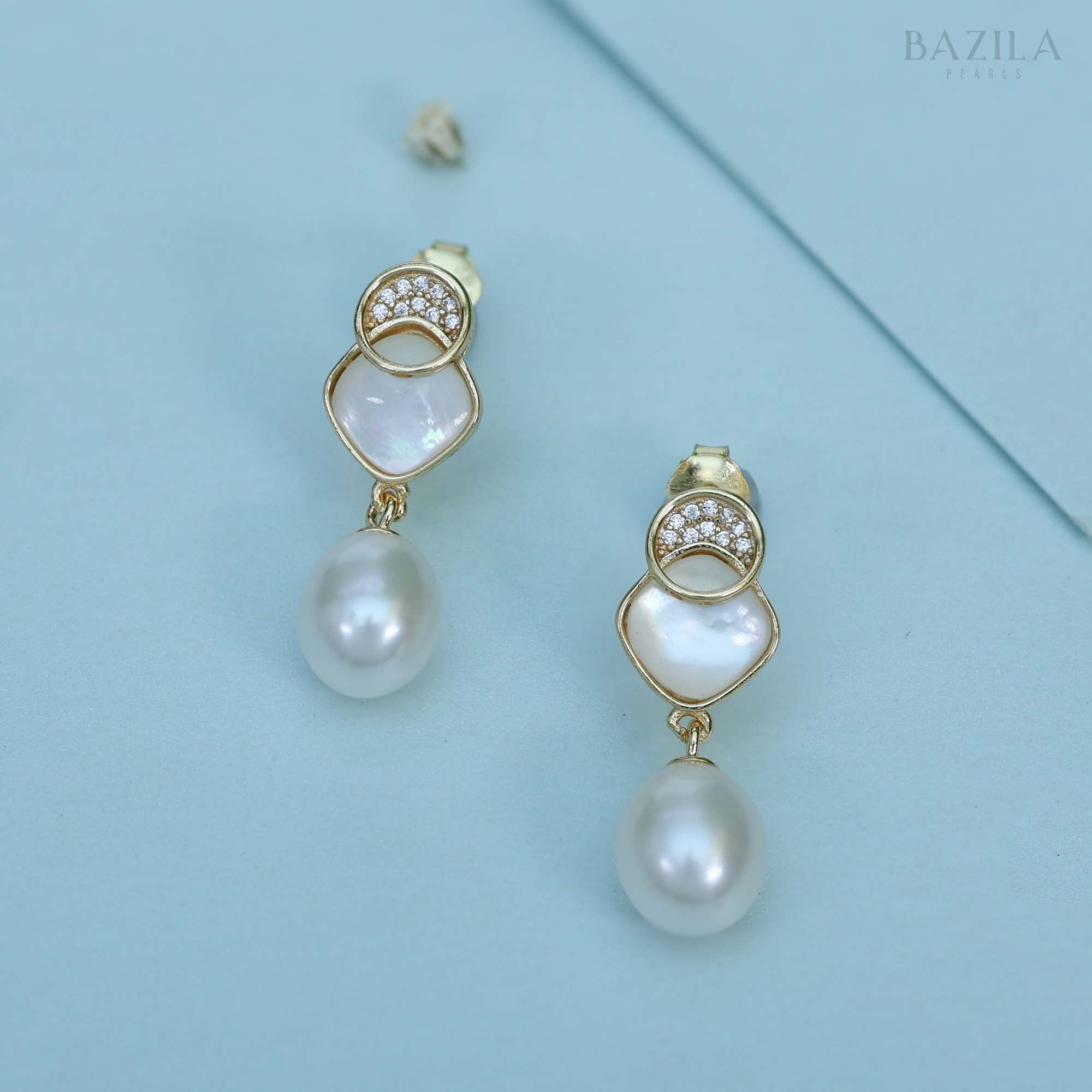 Elegant Gold-Finish Freshwater White Pearl Drop Earrings with Mother-of-Pearl & Zircon Detail