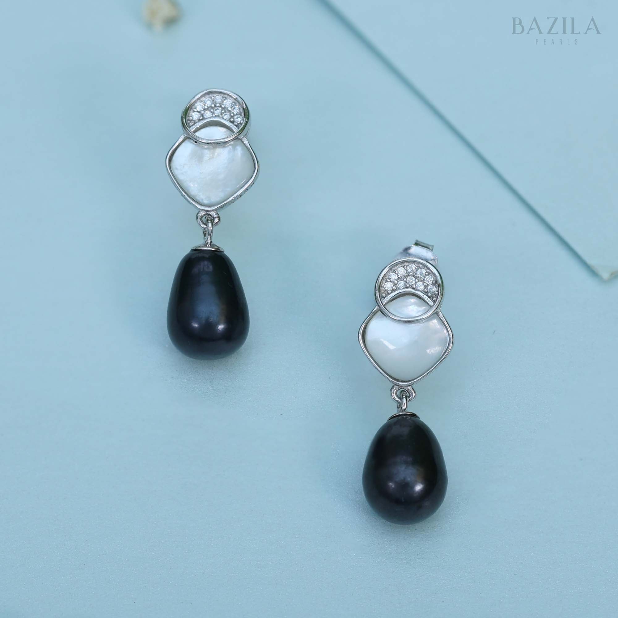 Rhodium-Plated Black Freshwater Pearl Earrings with Mother-of-Pearl & Zircon Accent