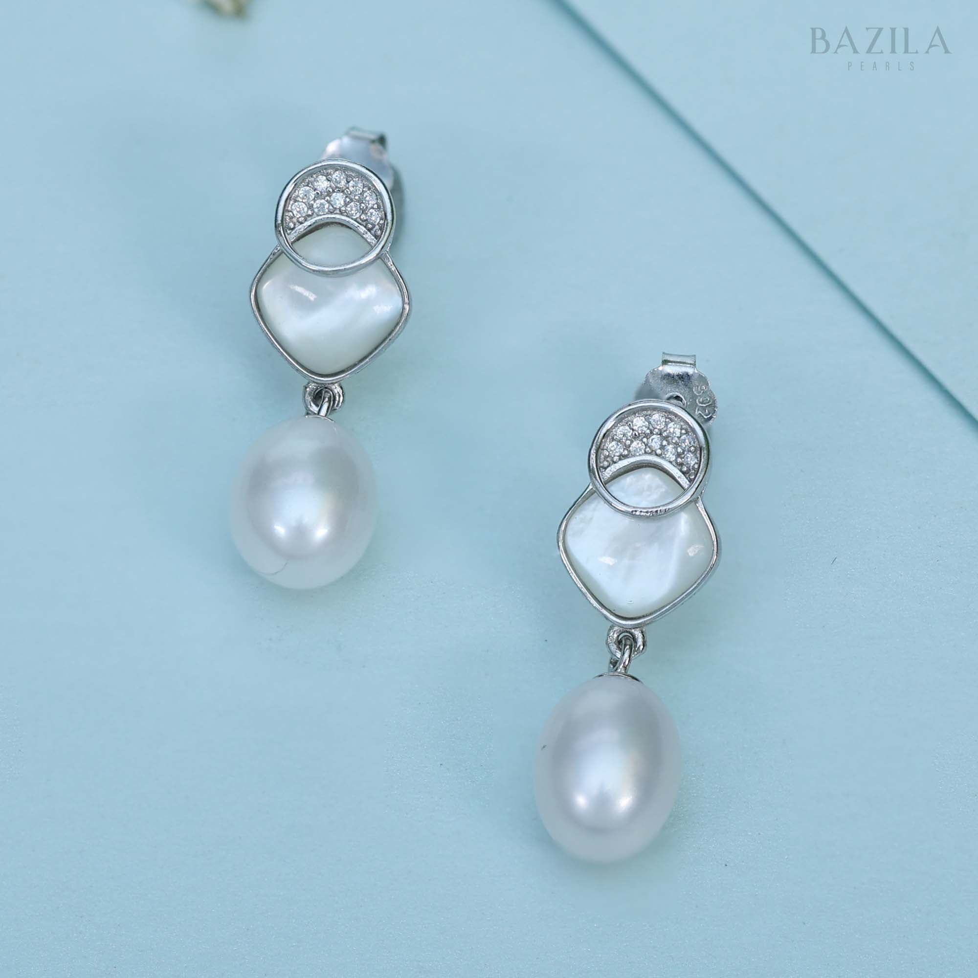 Rhodium-Plated White Freshwater Pearl Earrings with Mother-of-Pearl & Zircon Detailing