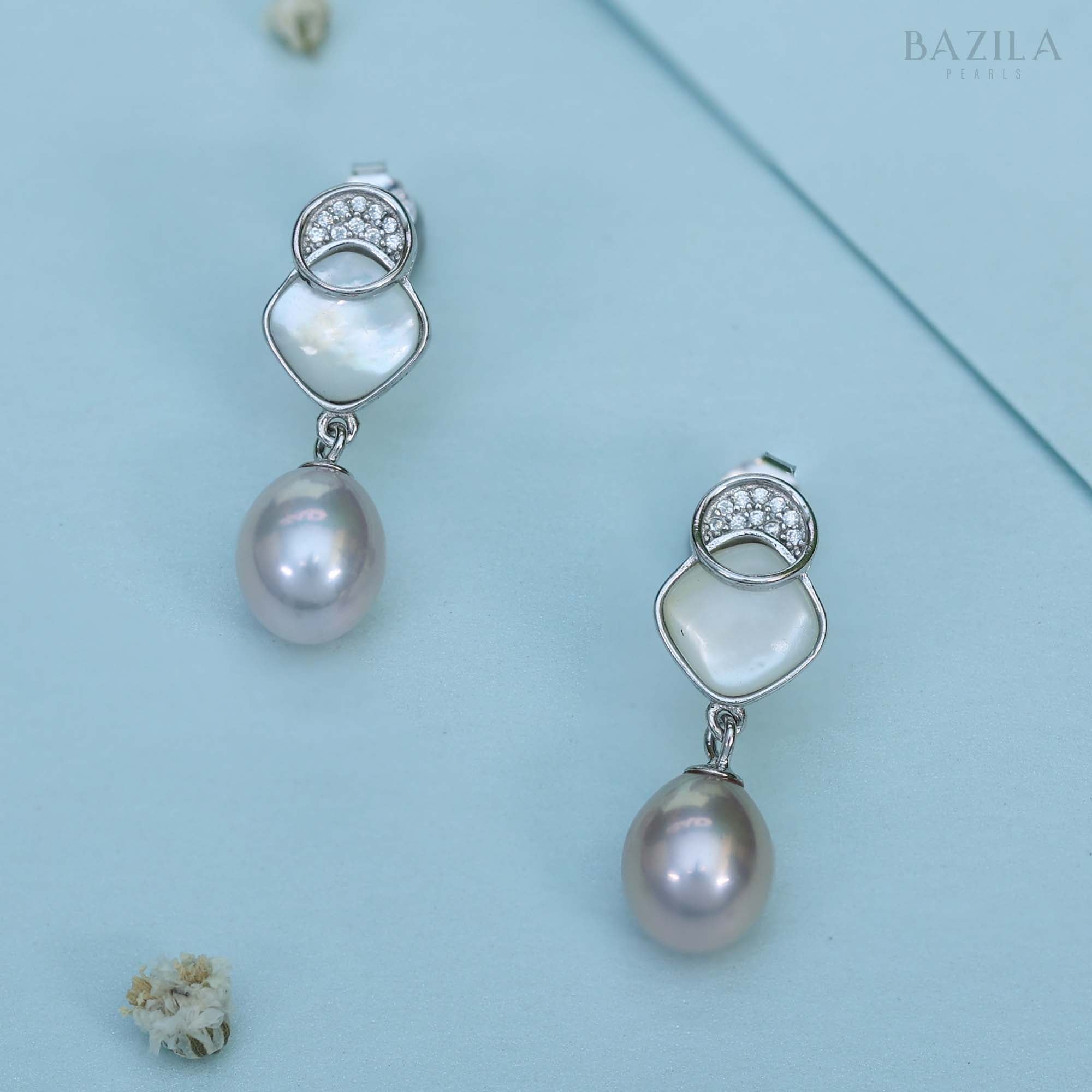 Rhodium-Plated Pink Freshwater Pearl Earrings with Mother-of-Pearl & Zircon Accent