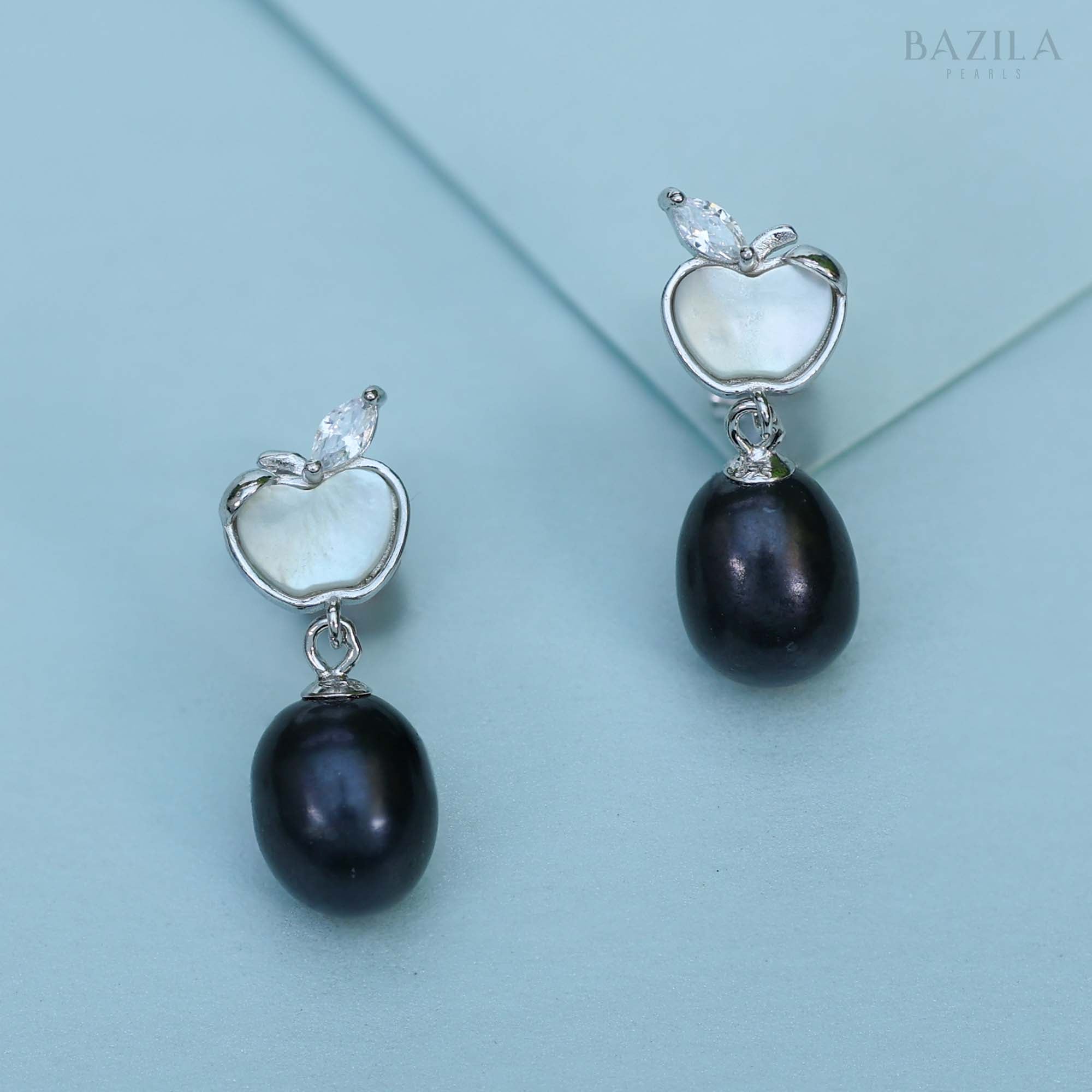 Rhodium-Plated Apple Design Black Freshwater Pearl Drop Earrings