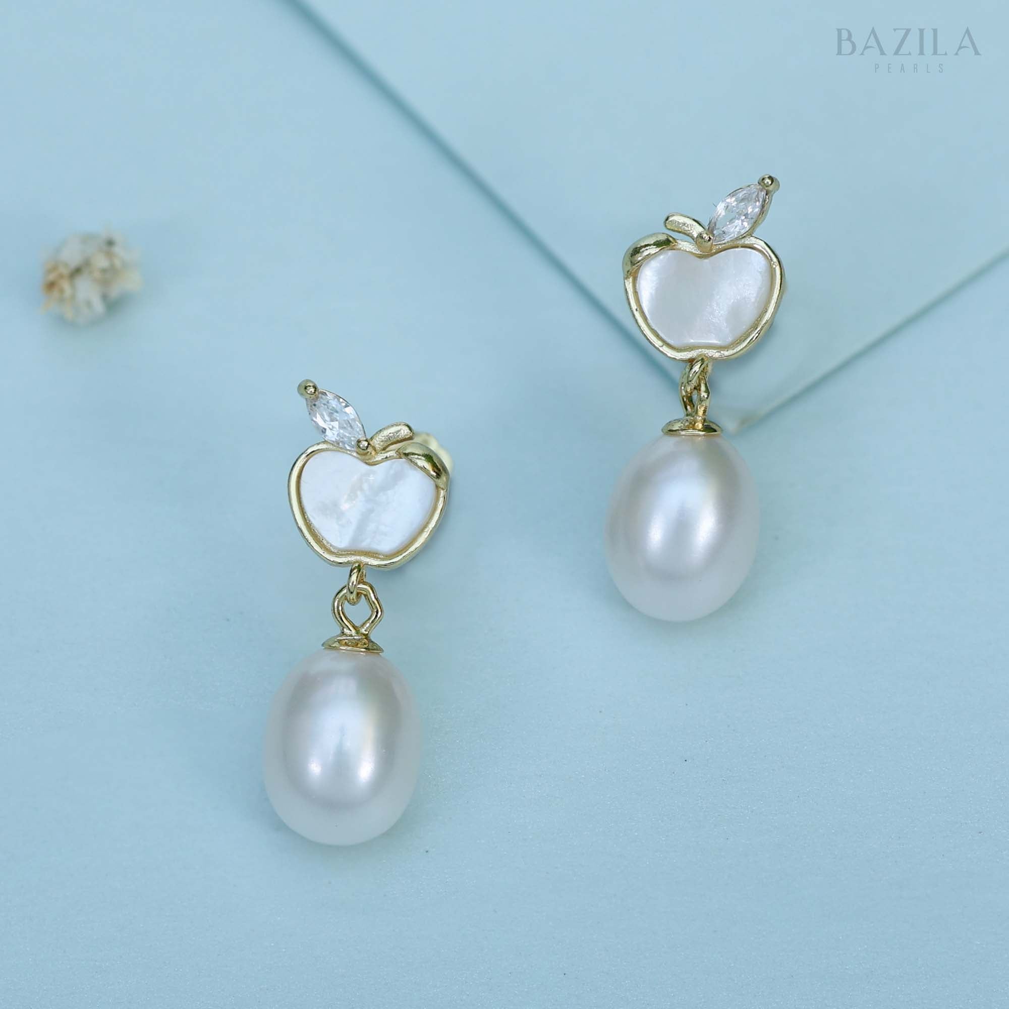 Gold-Plated Apple Design White Freshwater Pearl Drop Earrings