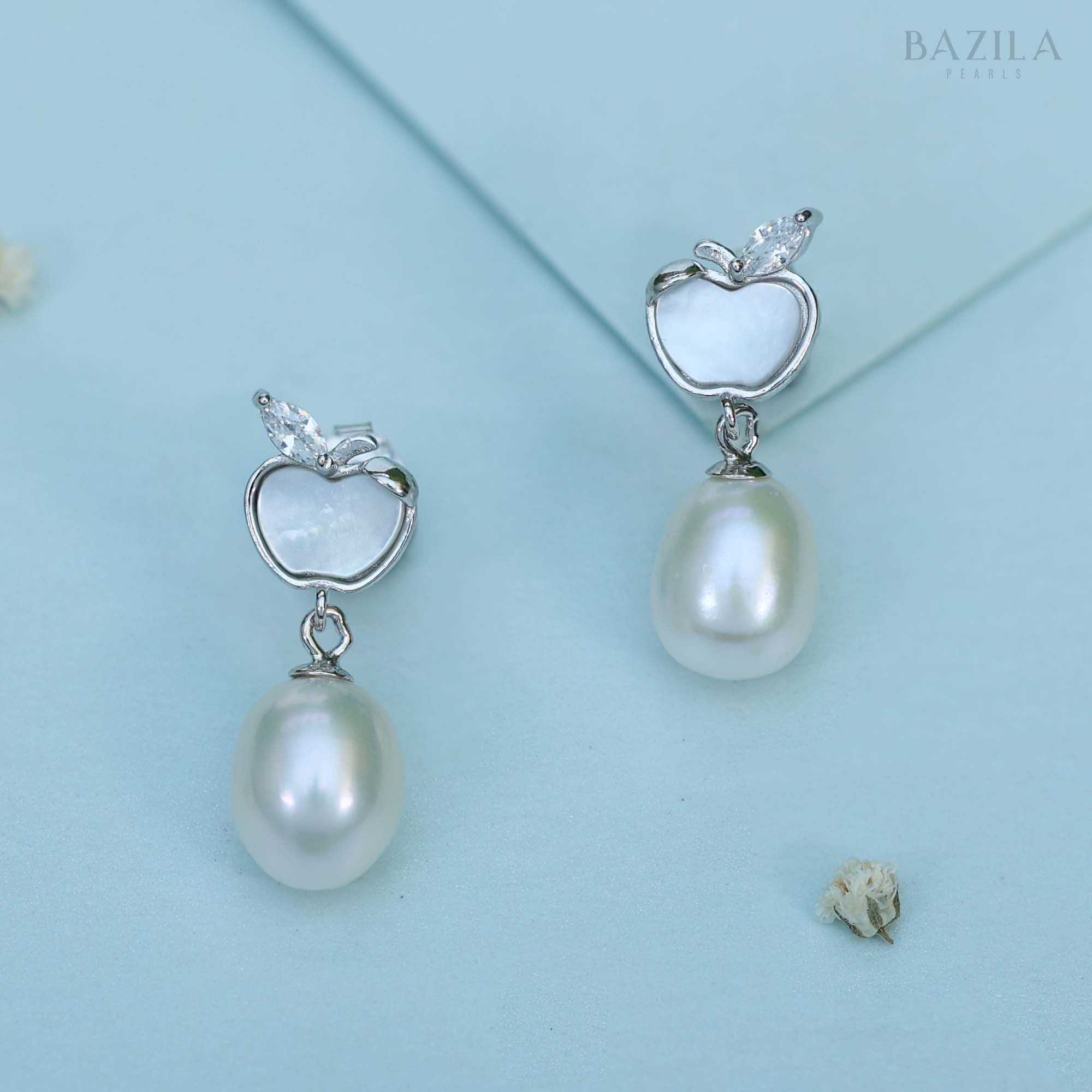 Rhodium-Plated Apple Design White Freshwater Pearl Drop Earrings