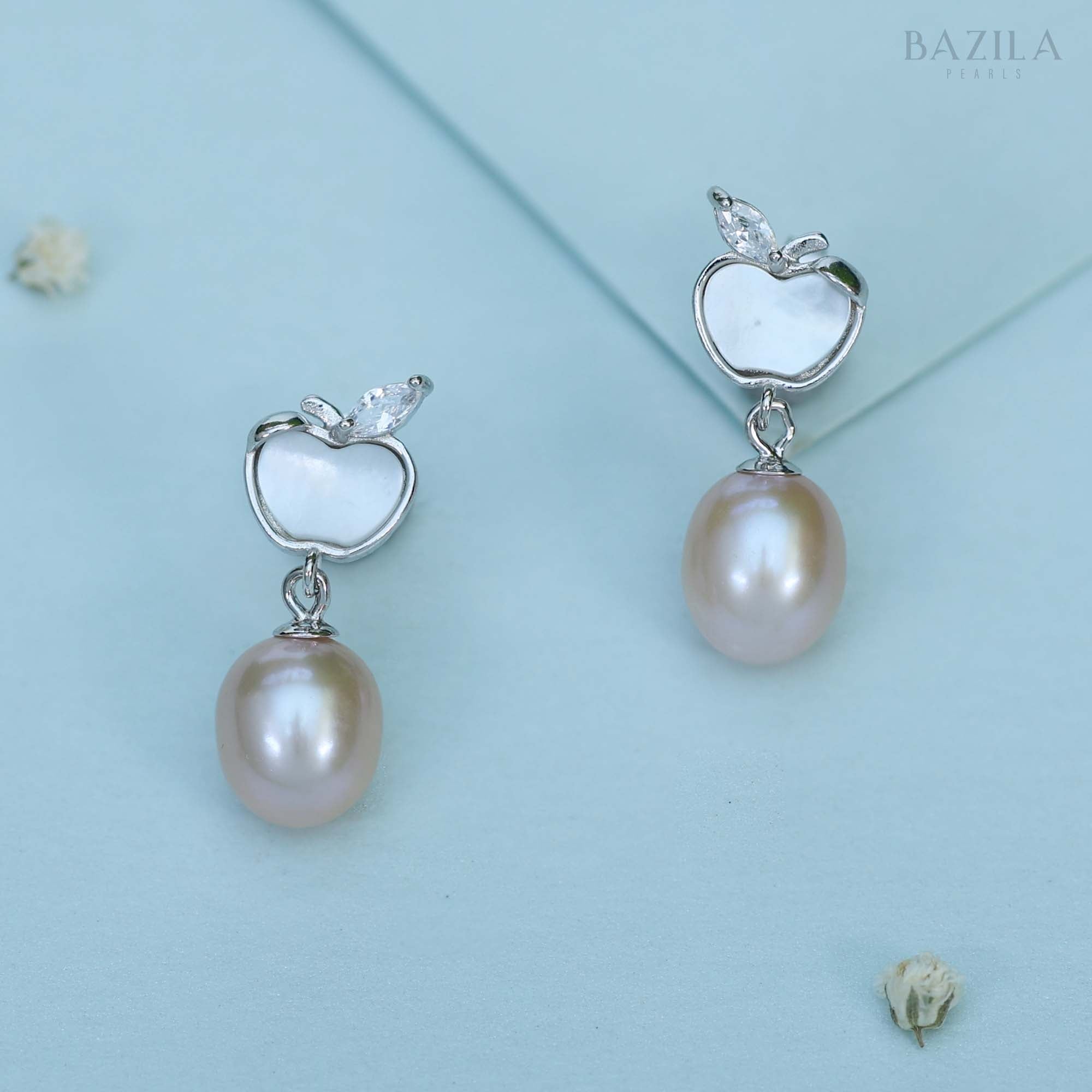 Rhodium-Plated Apple Design Pink Freshwater Pearl Earrings