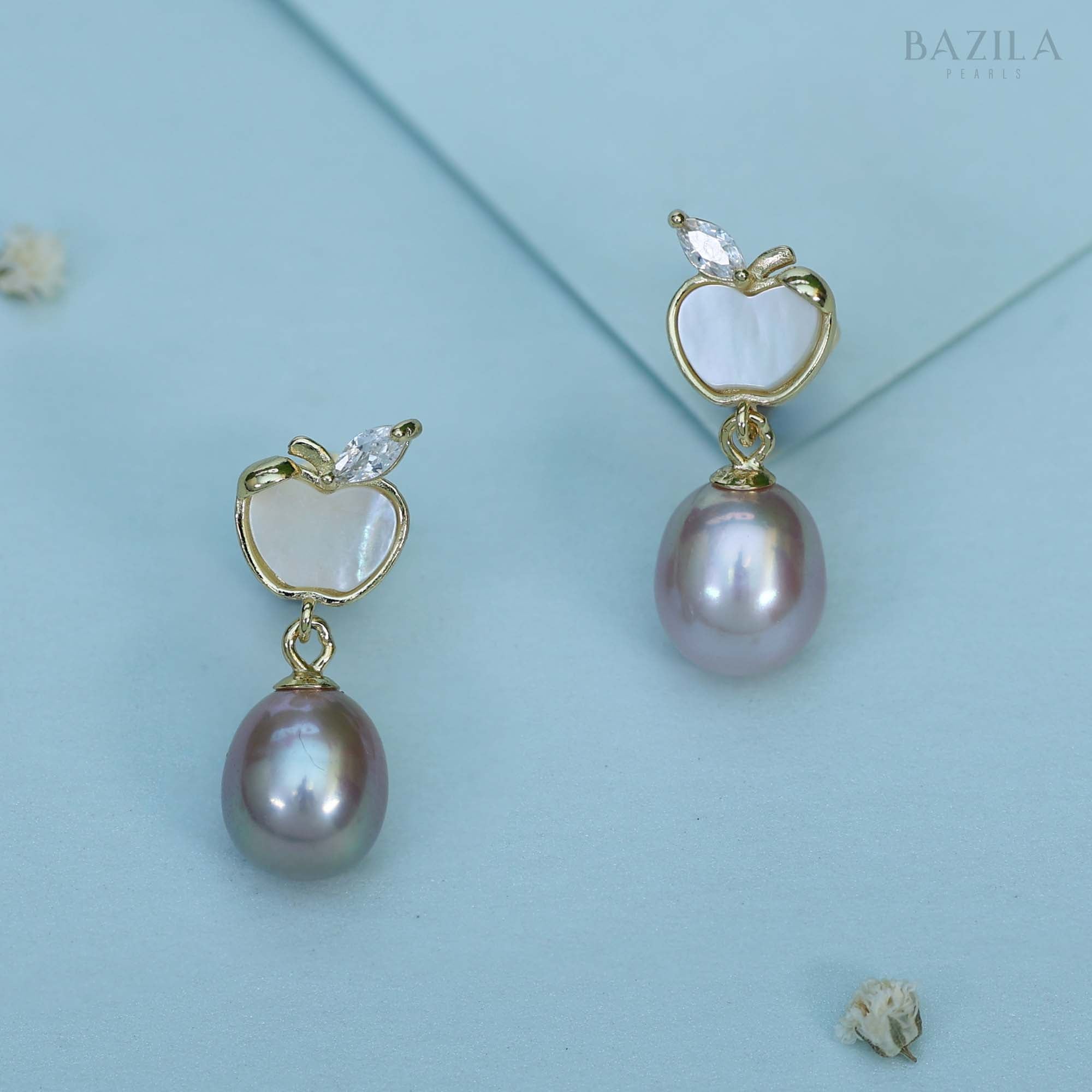 Gold-Plated Apple Design Pink Freshwater Pearl Earrings