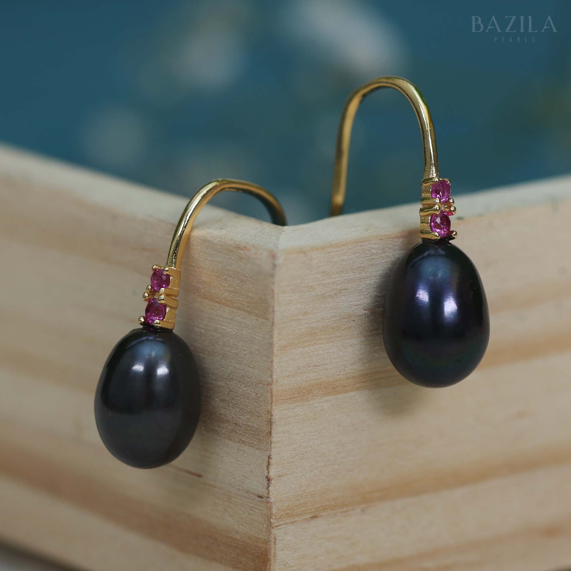Black Freshwater Pearl Drop Earrings with Ruby Accents in Gold