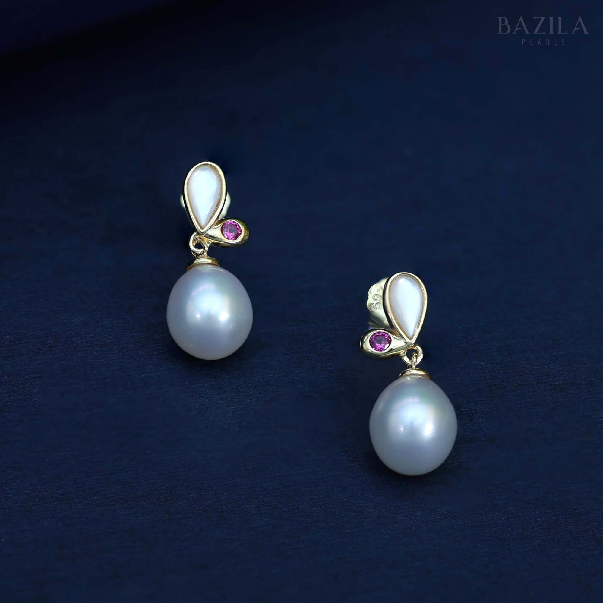Pearl Drop Earrings with Mother of Pearl & Pink Stone Accent